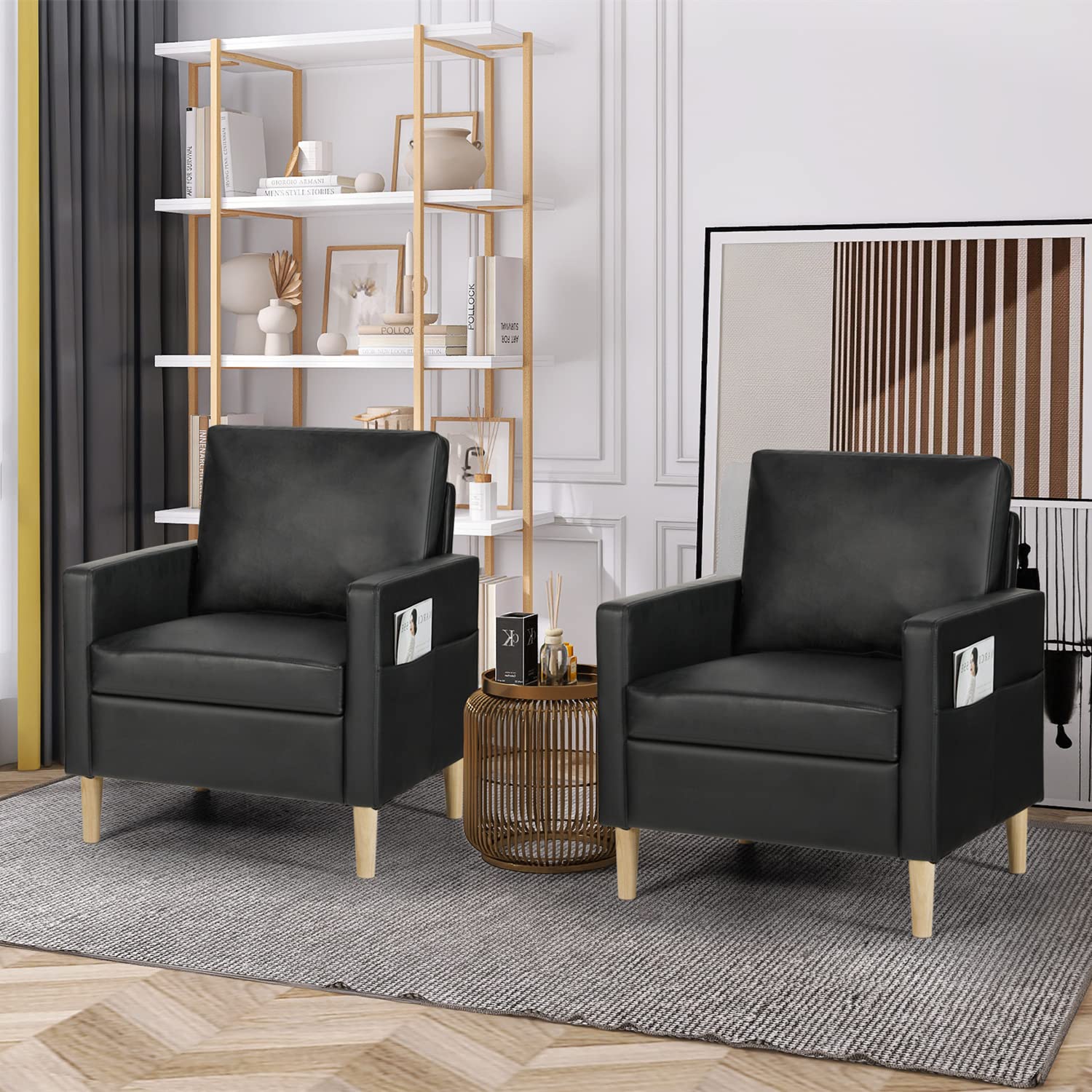 AILEEKISS Mid-Century Modern Upholstered Faux Leather Accent Armchair Set of 2 - Living Room, Apartment, Dorm & Office Furniture for Small Spaces (Black) - Perfect for Compact Homes, Reading Nooks & Guest Seating