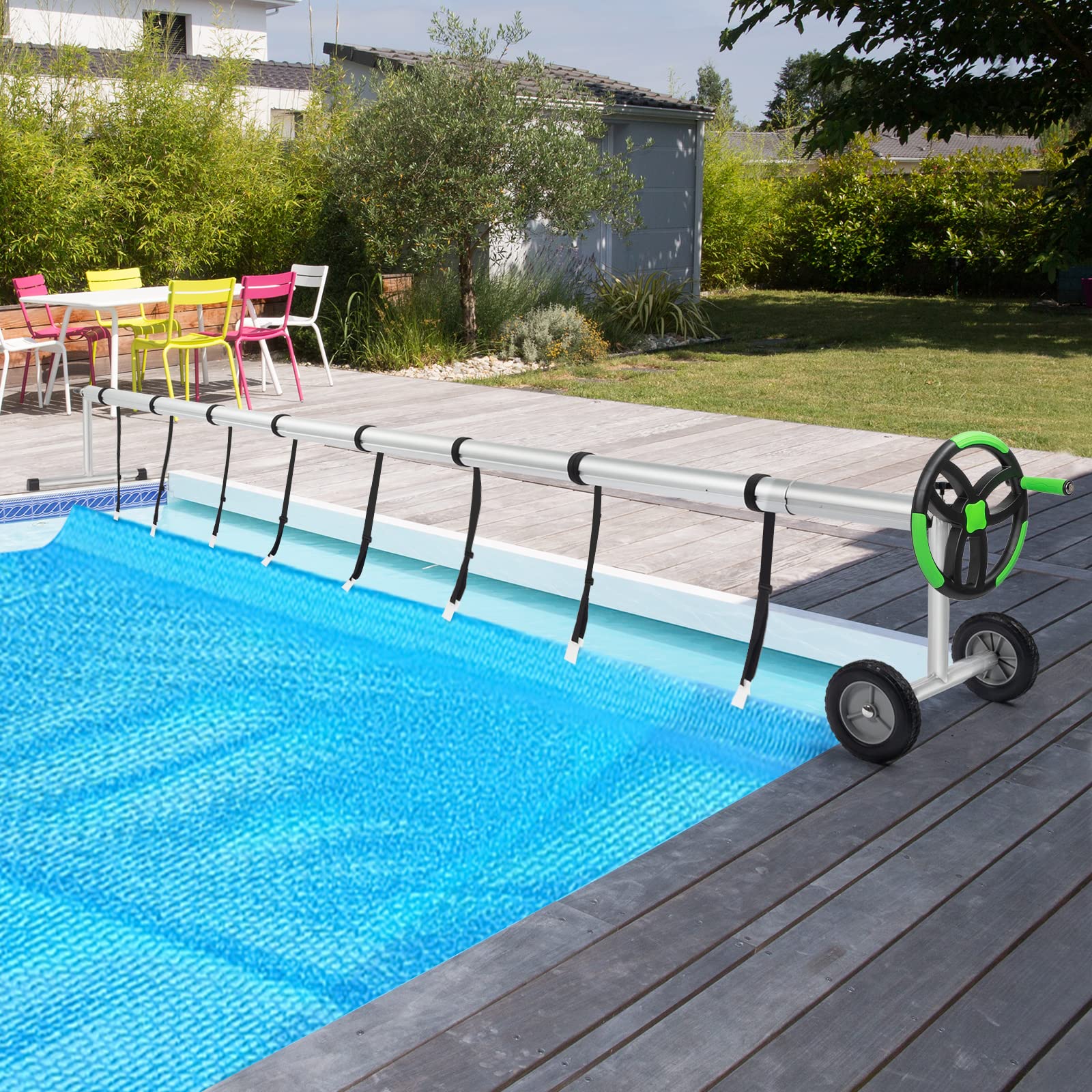 Outvita 18FT Solar Pool Cover Reel Set - Heavy Duty Aluminum Roller with Rubber Wheels for Inground & Above Ground Swimming Pools - Adjustable Outdoor Pool Blanket Reel System (Black & Green) - Perfect for Easy Pool Cover Storage & Winter Protection