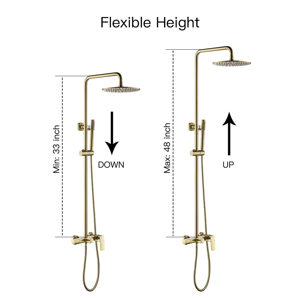 RBROHANT Brushed Gold Exposed Shower System with Tub Spout - 3-Function Wall Mounted Shower Fixtures with Brass Valve & Adjustable Height - Perfect for Modern Bathroom Renovations & Spa-Like Shower Experience (Model RB0880)
