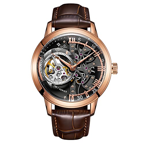 OBLVLO Luxury Rose Gold Men's Automatic Skeleton Watch with Leather Strap VM-1 - Elegant Dress Watch for Business, Formal Events & Special Occasions