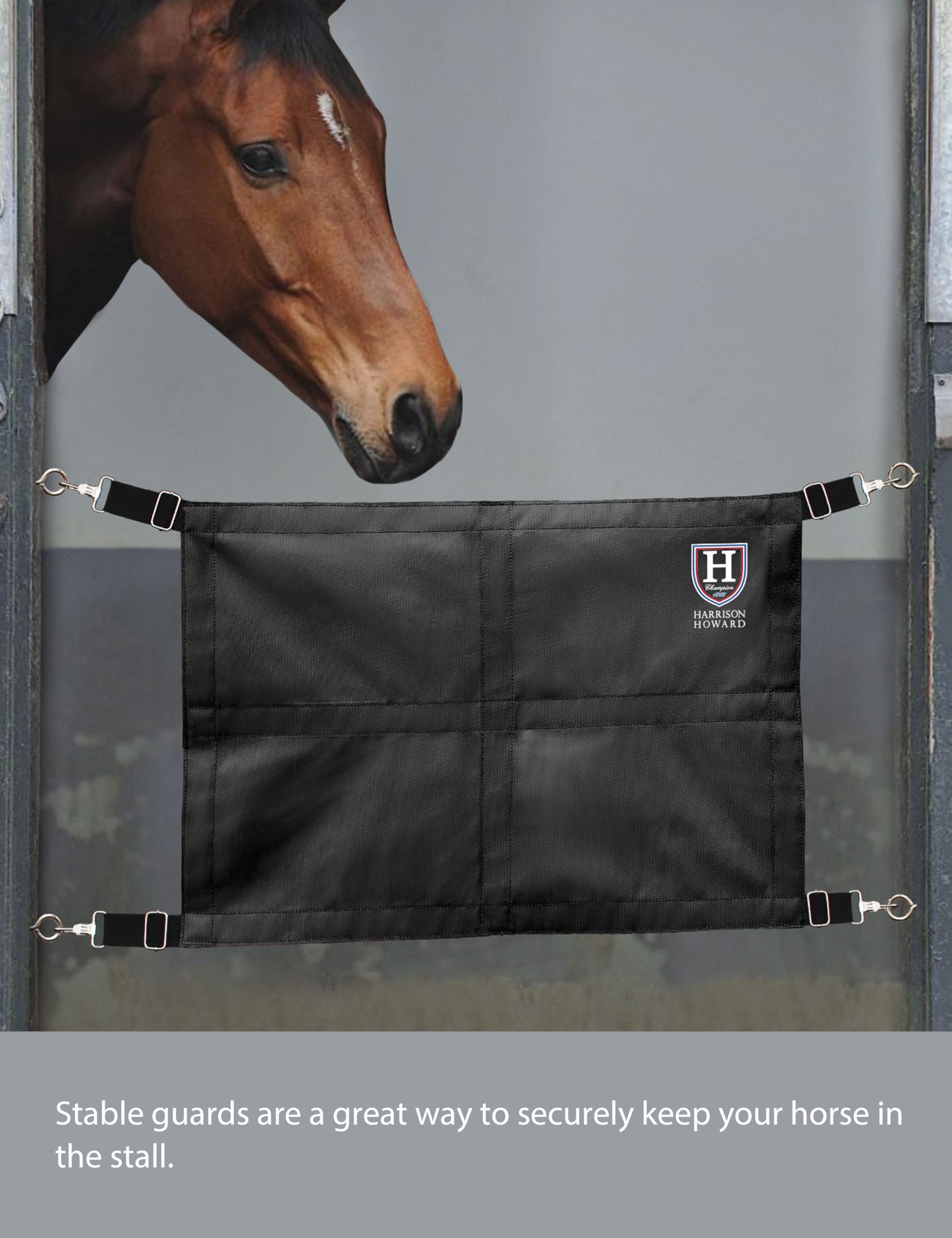 Premium Adjustable Horse Stall Guard with Sturdy Spring Hooks - Heavy Duty Black Stall Barrier for Horse Barns & Stables - Perfect for Training, Grooming, and Stall Safety