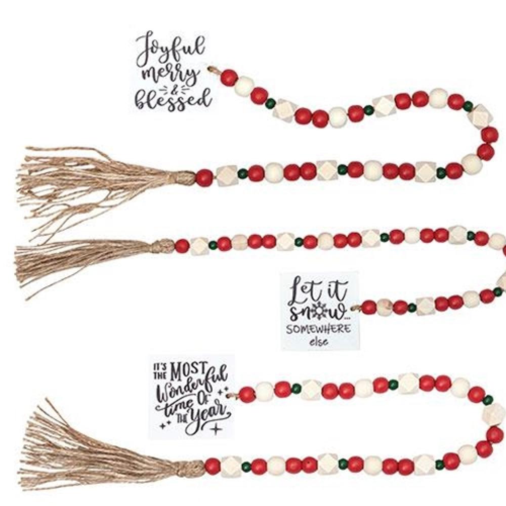 LG Winter Phrases Tassel Garland with Red and Green Beads - 3 Assorted Styles for Christmas Tree Decor, Holiday Home Party, and Festive Wall Decoration