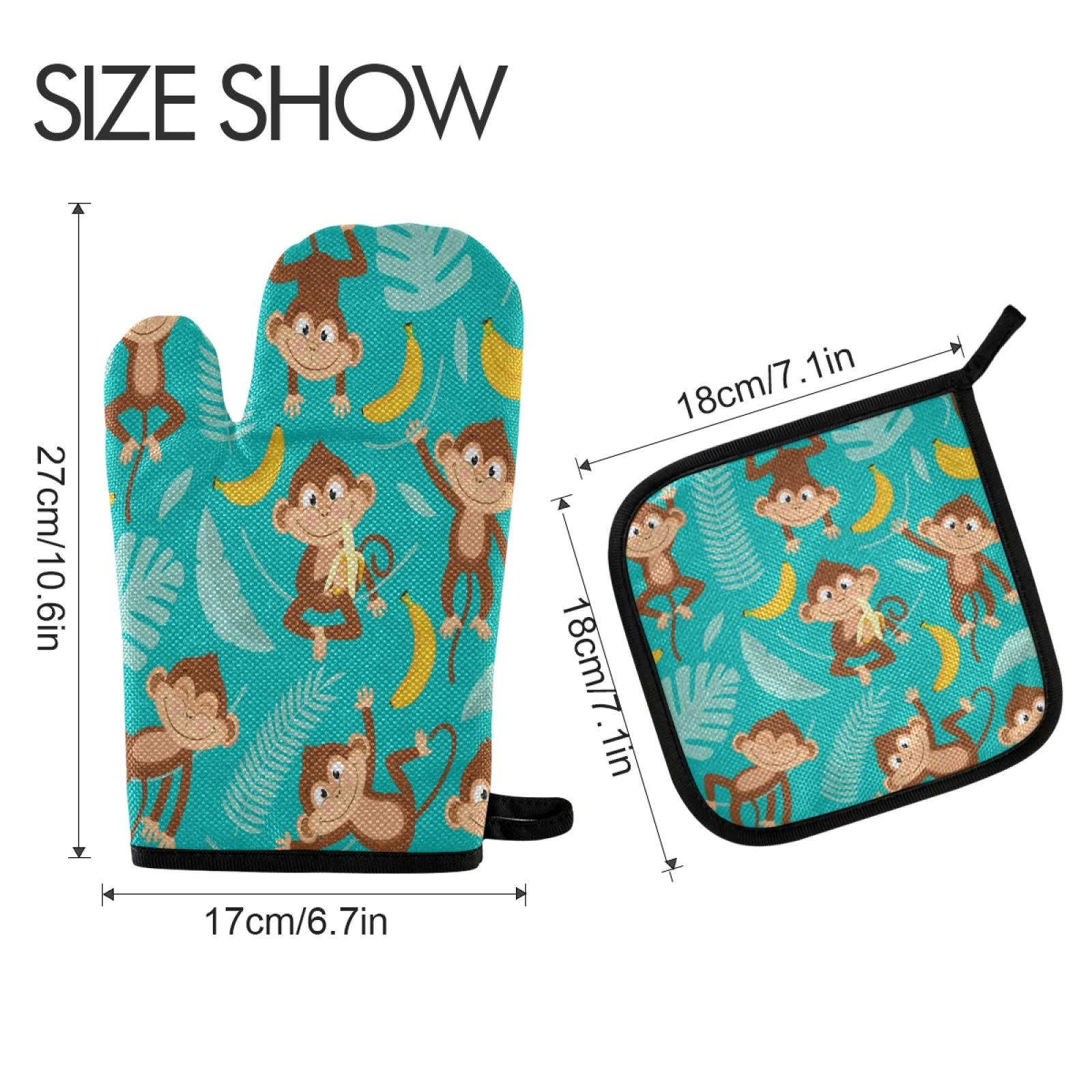 Heat Resistant Non-Slip Monkey Palm Tree Oven Mitts & Pot Holders Set of 2 - Kitchen Gloves for Cooking, Baking, BBQ & Grilling - Perfect for Holiday Baking, Outdoor Picnics & Home Kitchen Use