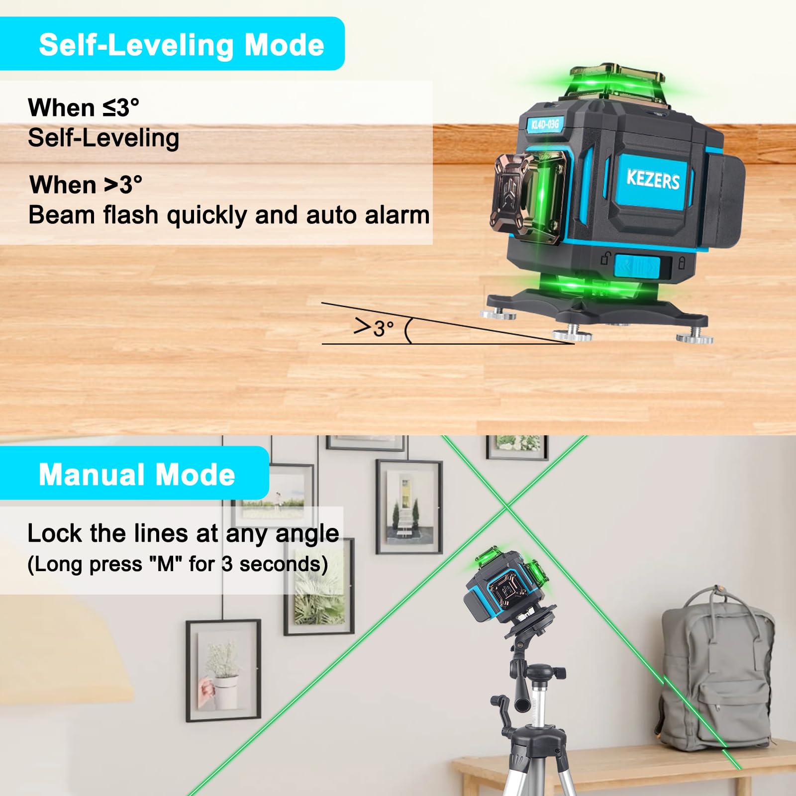 KEZERS 360° Self-Leveling Green Laser Level with Screen - 4 x 360° Laser Lines, Pulse Mode & Remote Control for Construction, Picture Hanging & DIY Projects - Perfect for Home Renovation, Tile Installation & Wall Alignment