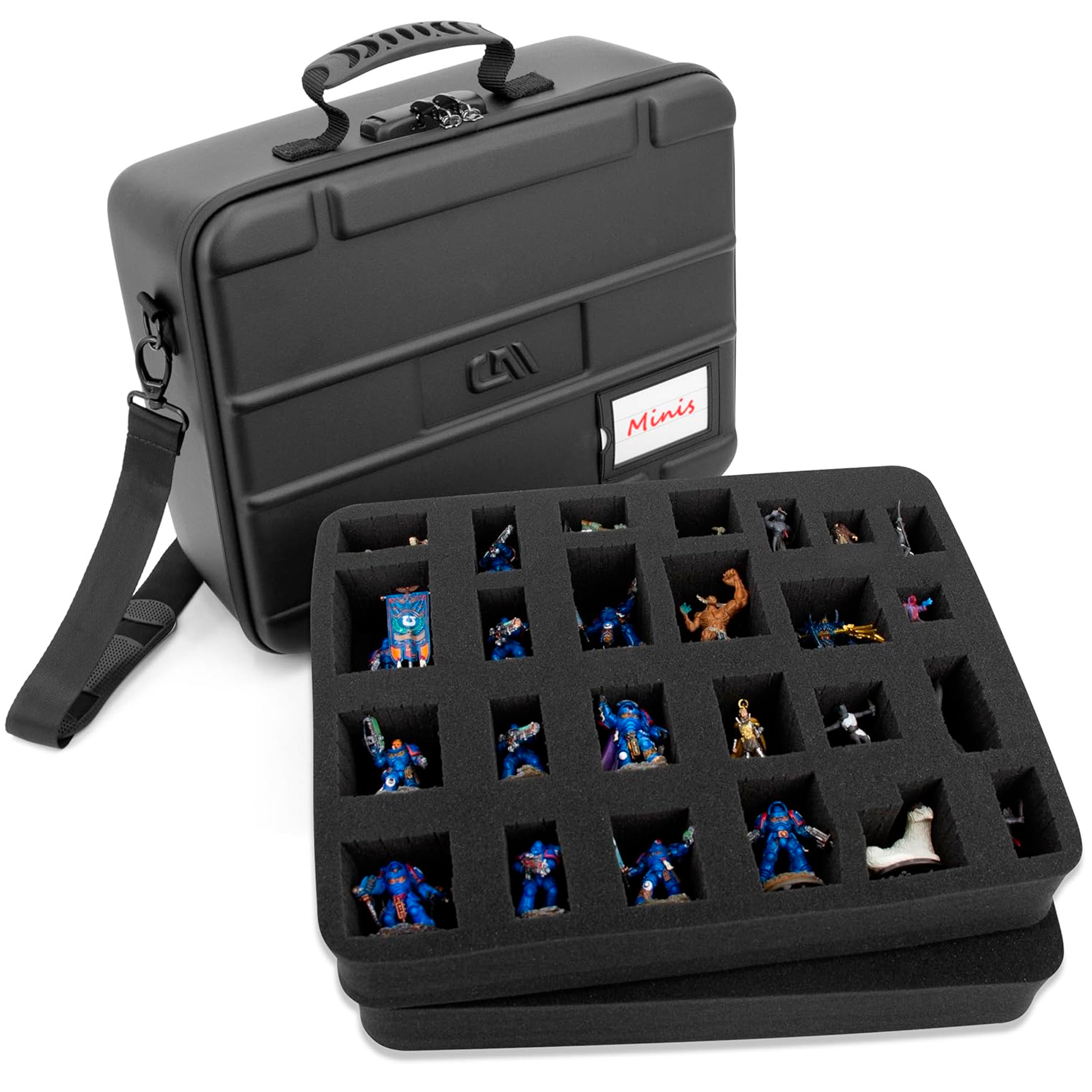 CASEMATIX Miniature Carrying Case - Customizable Mini Storage with 2 Pluck Foam Trays & Shoulder Strap for Tabletop RPG, Warhammer, D&D Miniatures - Perfect for Gaming, Travel & Organized Storage