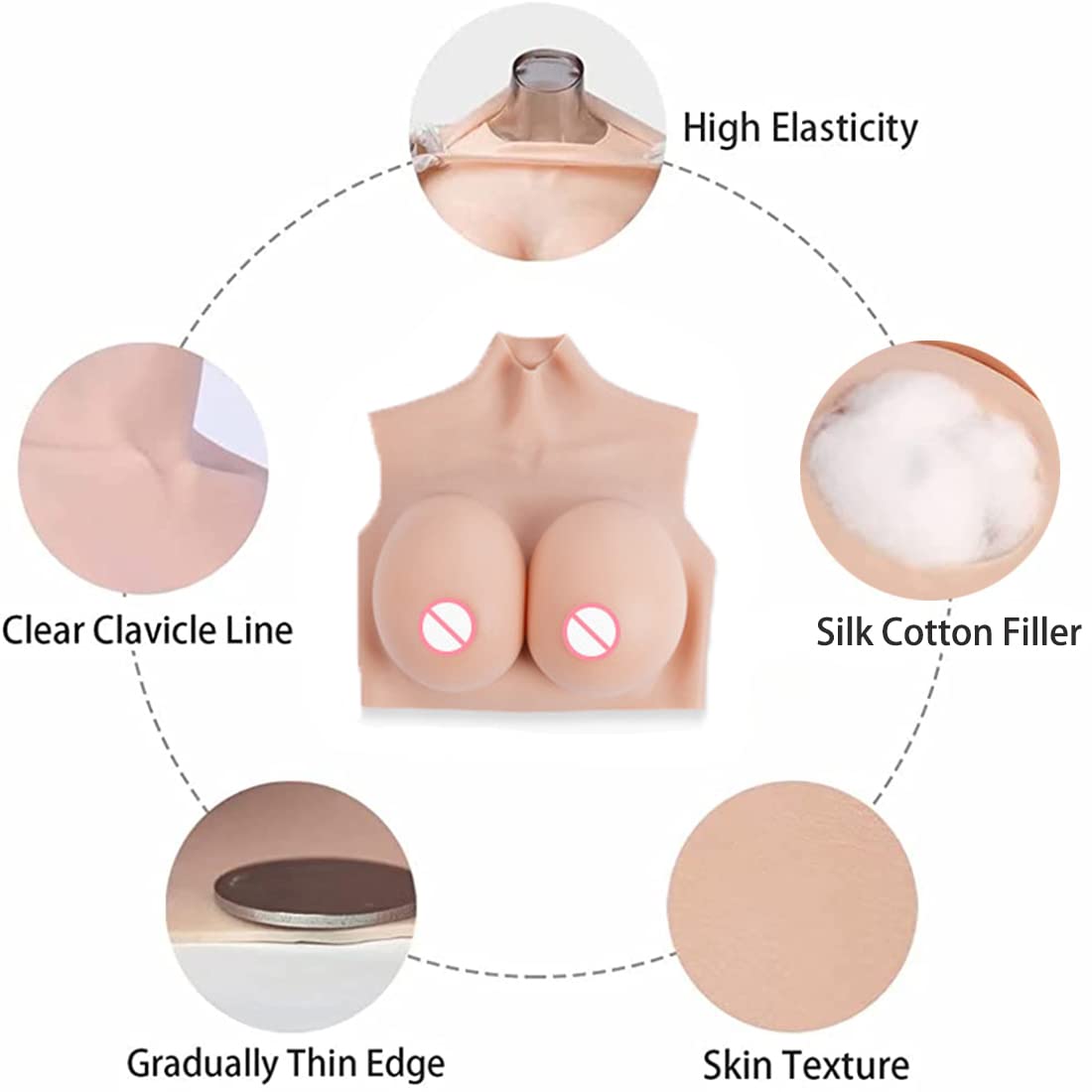 Premium C-H Cup Silicone Breast Forms with Cotton Filling - 2nd Generation Realistic Breast Plates for Crossdressers & Mastectomy | Comfortable Middle Collar Design for Daily Wear, Cosplay & Post-Surgery Recovery