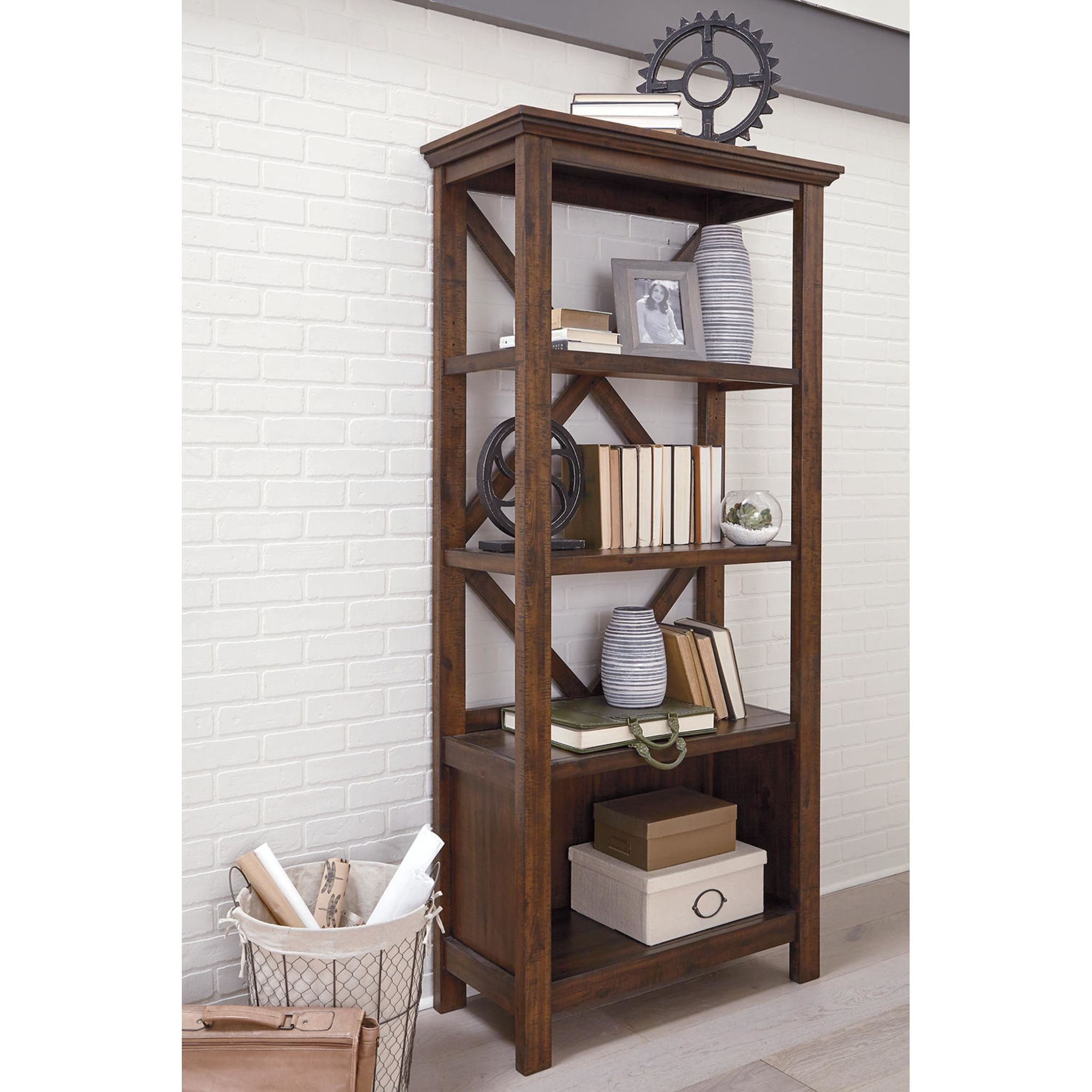 Baldridge Large Rustic Brown Bookcase - Solid Wood Bookshelf for Living Room, Office & Home Library Storage