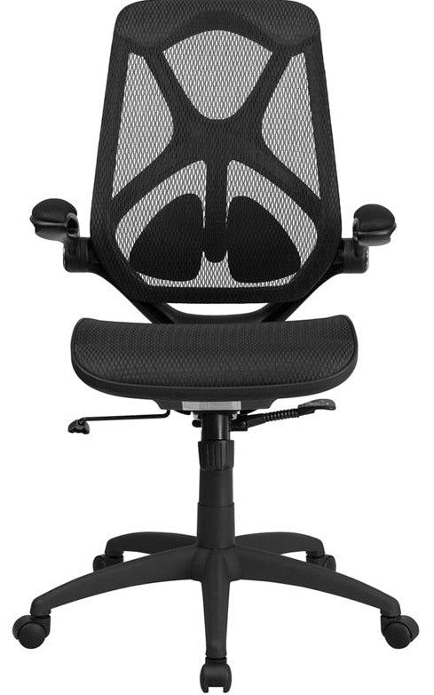 FLASH Kimble High Back Ergonomic Office Chair - Transparent Black Mesh, Adjustable Lumbar Support, 2-Paddle Control & Flip-Up Arms - Perfect for Home Office, Gaming & Executive Workspaces