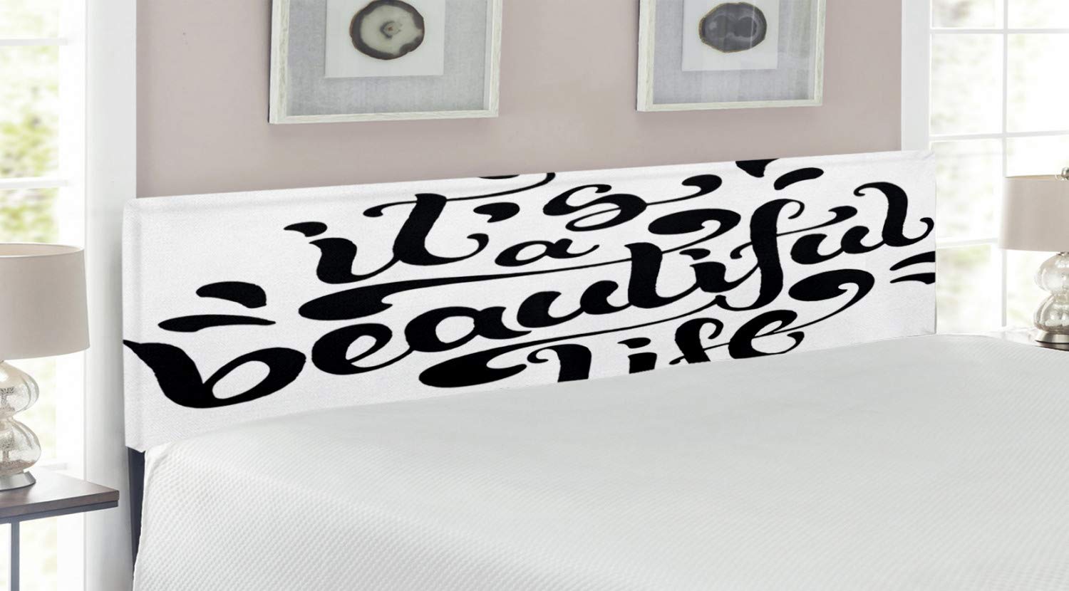 Ambesonne Inspirational Upholstered Headboard - King Size Black & White Hand Drawn Calligraphy with Positive Life Messages & Memory Foam | Perfect for Master Bedrooms, Guest Rooms & Home Decor