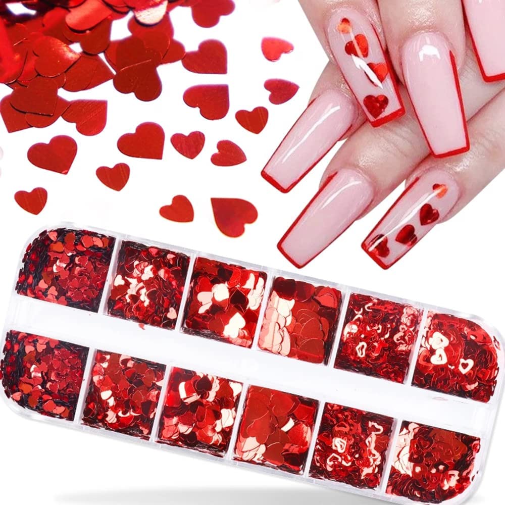 Valentine's Day Nail Art Glitters - 3D Heart Shaped Holographic Nail Sequins for Women & Girls | 12 Grids Red Sparkling Hollow Heart Nail Decor | Perfect for Valentine's Day Manicures, Parties & Special Occasions