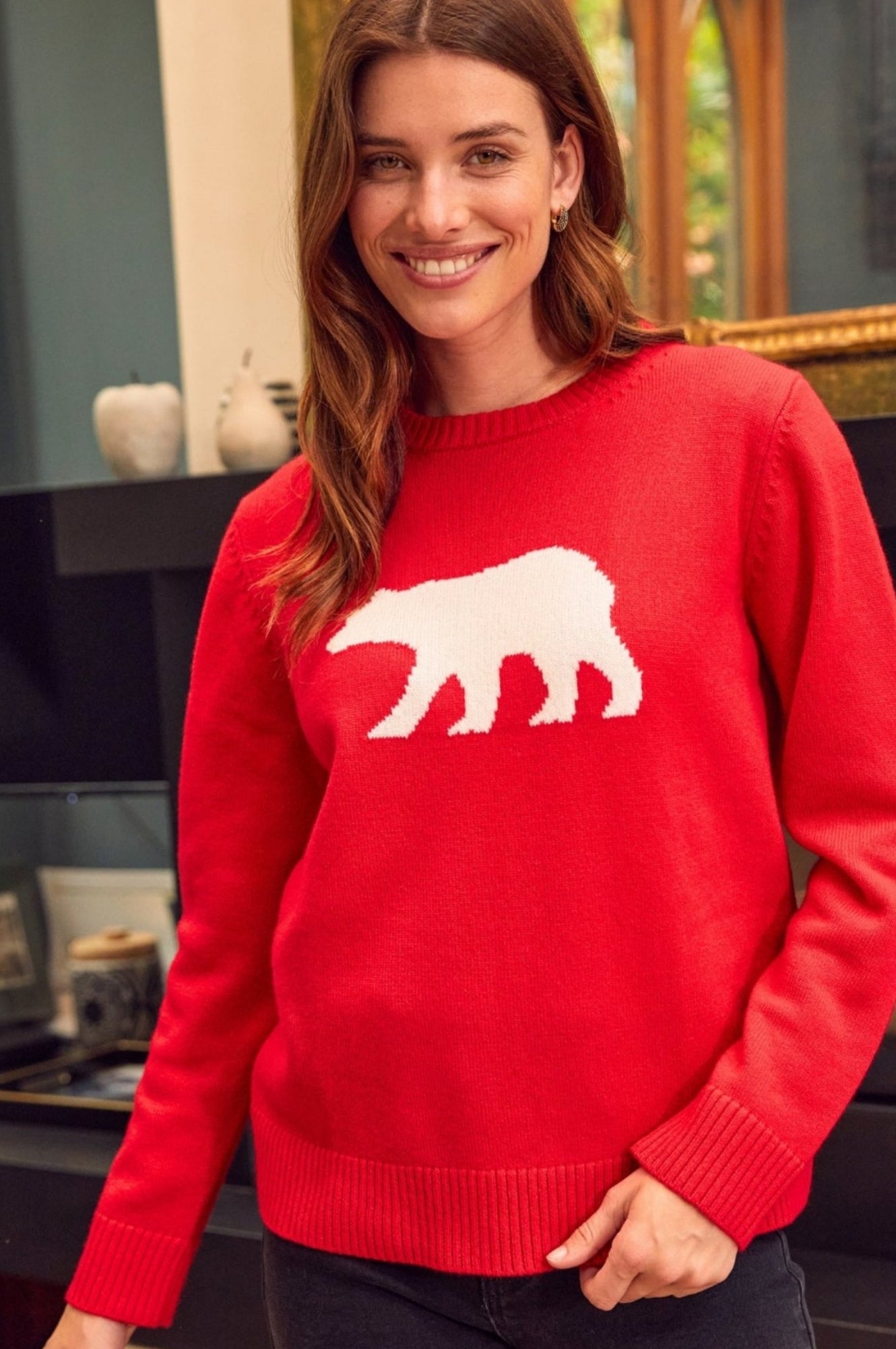 Premium Merino Wool Polar Bear Sweater for Women & Men - Soft & Warm Red/Cream Knit Pullover - Perfect for Winter, Christmas & Cozy Outfits