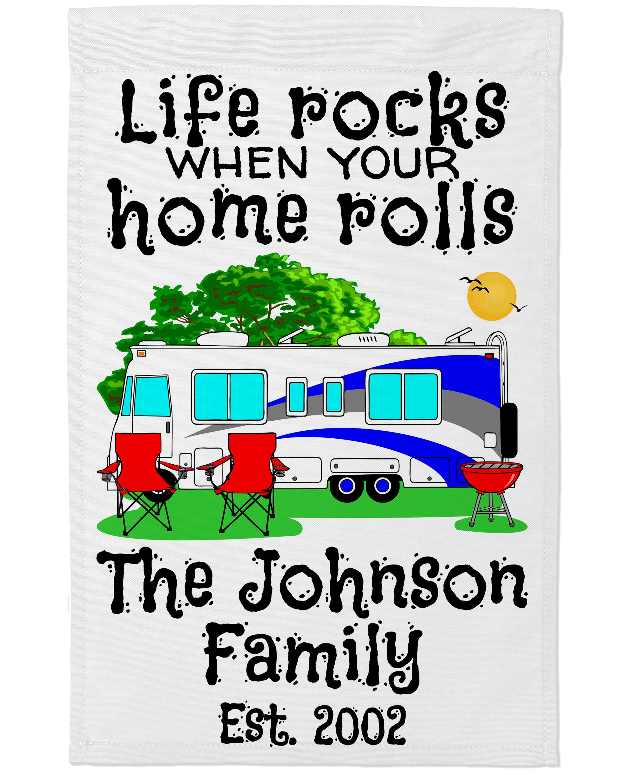 Personalized Class A Motorhome Camp Flag - Custom Text with 3 Lines, White Fabric (Blue) - Perfect for RV Camping, Tailgating & Outdoor Adventures