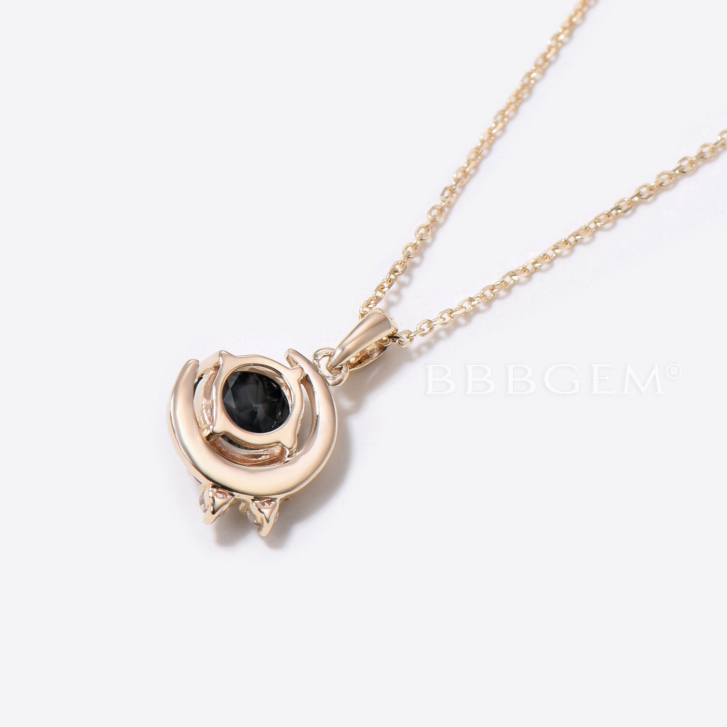 Black Onyx Round Cut Moon Pendant Necklace with Diamond Cluster in 14K Yellow Gold - Elegant Jewelry for Evening Wear & Special Occasions