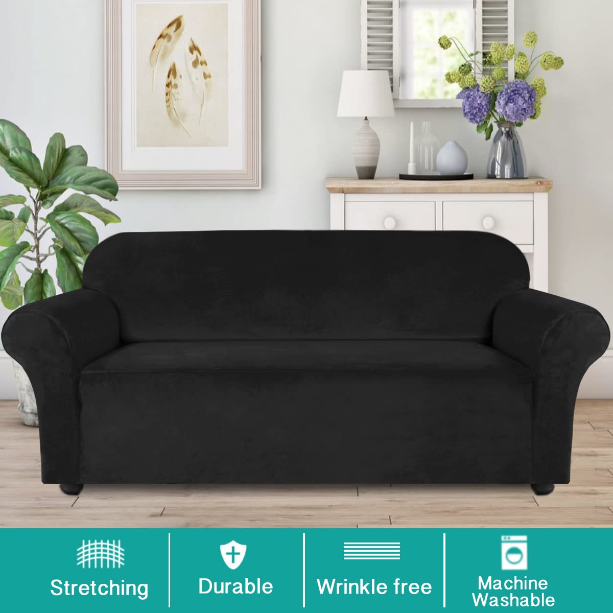 Luxury Turquoise Velvet Stretch Sofa Cover for 3-Cushion Large Couches - Non-Slip Elastic Bottom, Soft Fabric Slipcover (XL, Black) | Perfect for Living Room, Home Decor & Pet Protection