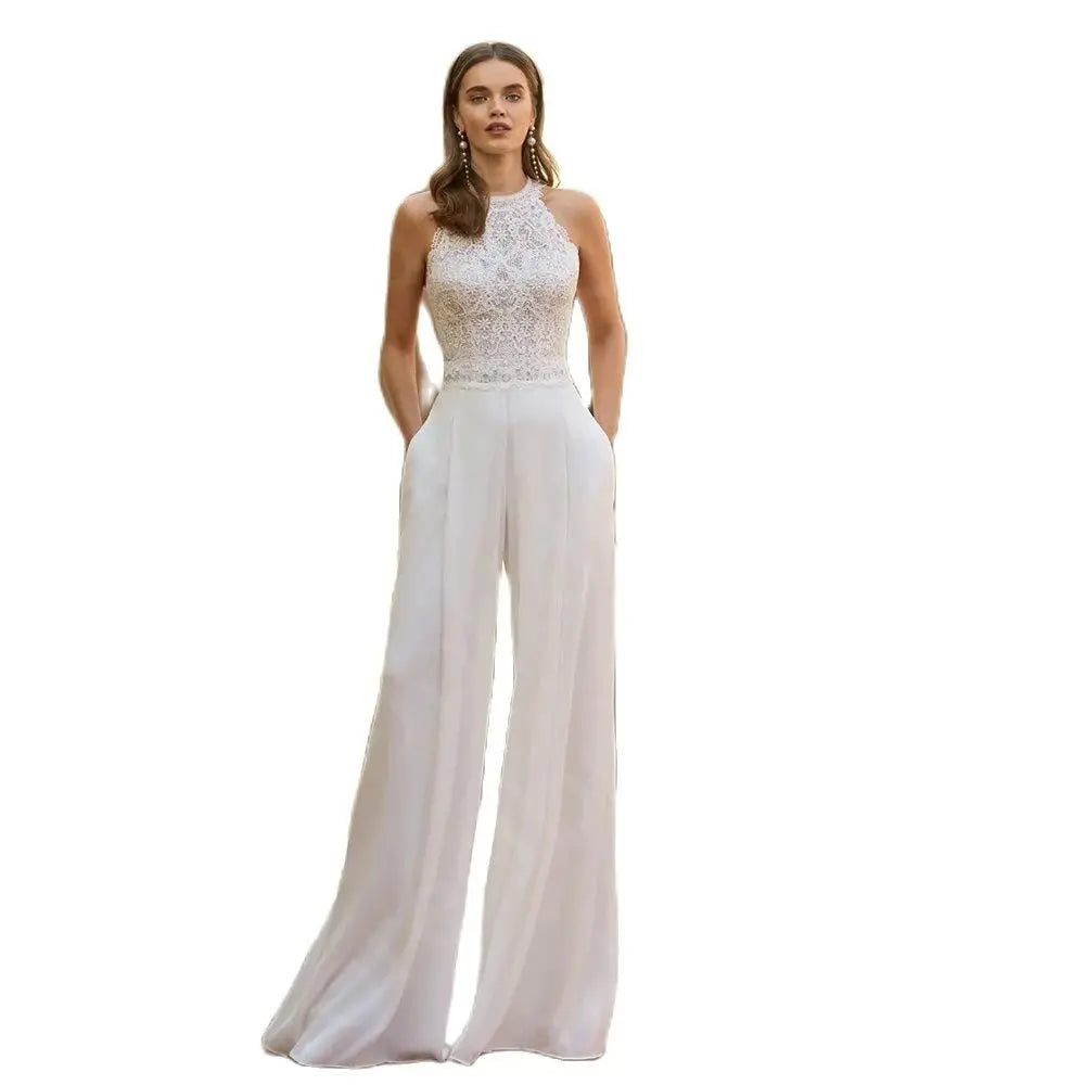 Elegant Spring Lace Jumpsuit Wedding Dress - Sleeveless Bridal Pantsuit for Outdoor Ceremonies & Garden Weddings