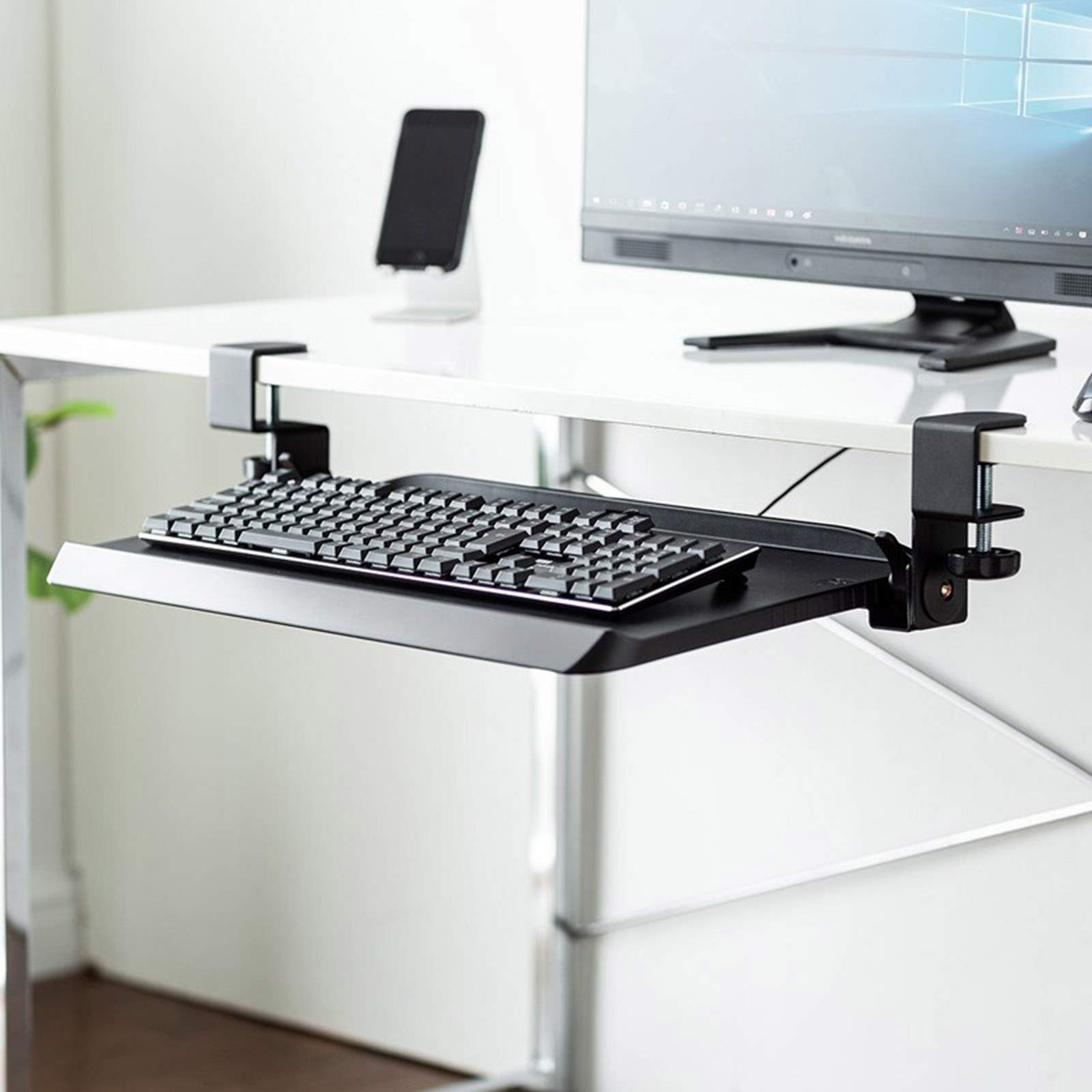 YHMT Ergonomic Under Desk Keyboard Tray - Large Clamp-On Computer Keyboard Stand with Easy Installation (Black) | Perfect for Home Office, Gaming Setup & Workspace Organization