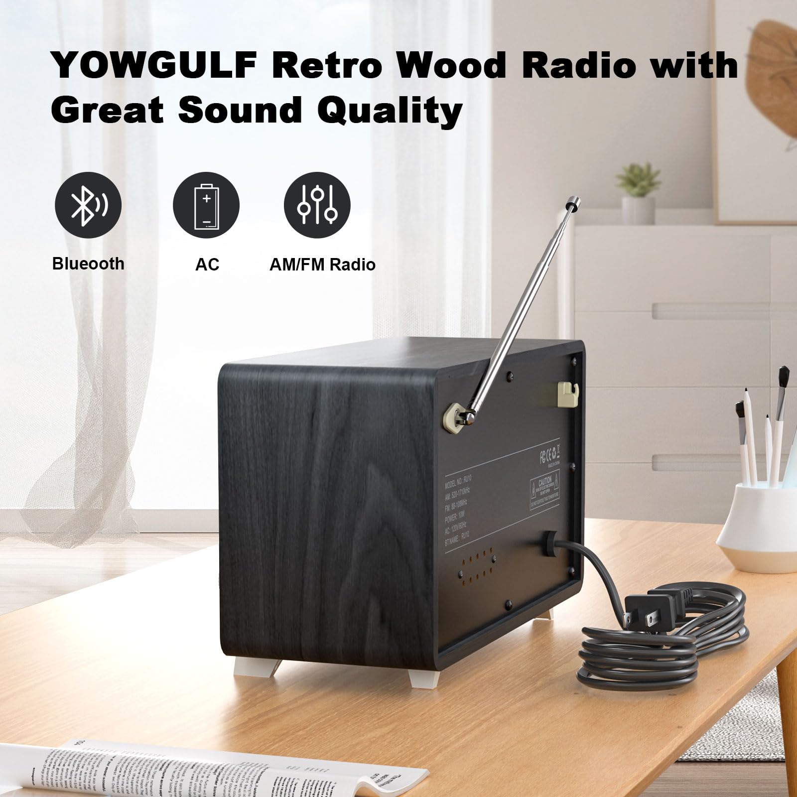 Vintage Wooden AM/FM Radio with Bluetooth Speakers - Classic Retro Table Radio with Rotary Knob, Plug-in Wall Power - Perfect for Home, Office, Bedroom & Kitchen Use