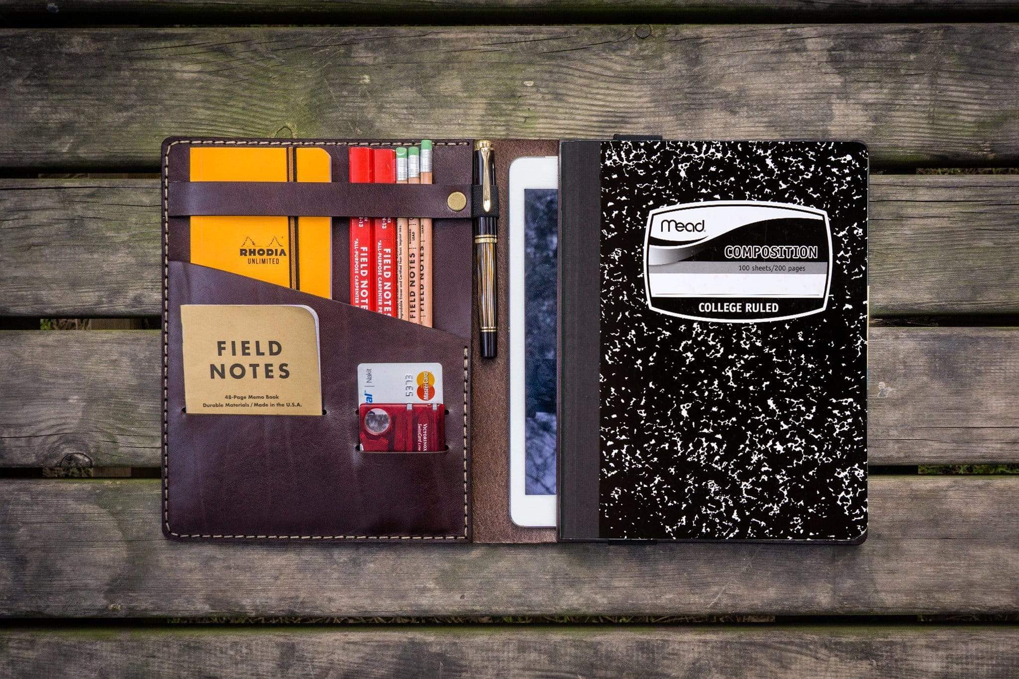 Premium Dark Brown Composition Notebook Cover with iPad Air/Pro Pocket - Perfect for School, Office & Travel Organization