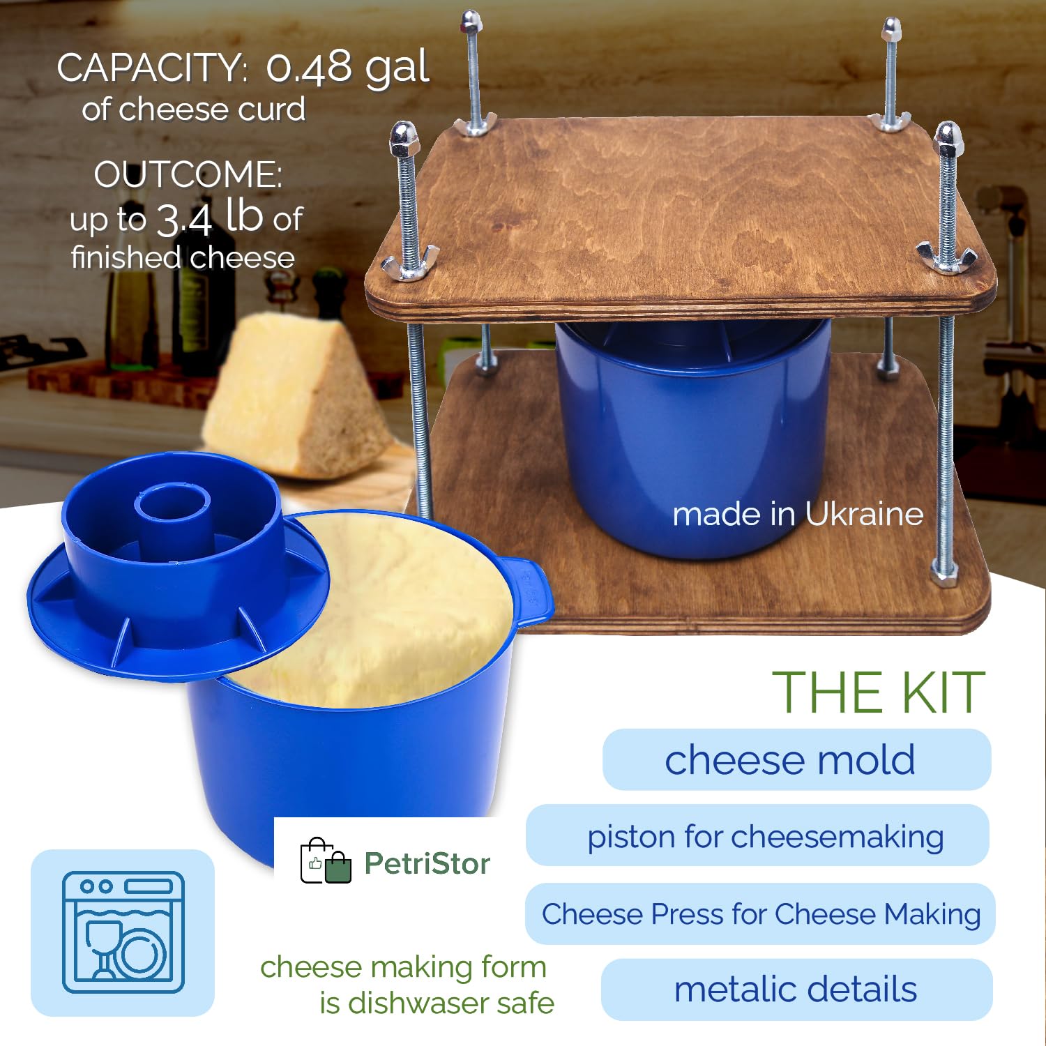 Premium Wooden Cheese Press Kit - 12in Plywood with 1/2in Thick Metal Guides & Cheese Mold - 1/2 Gallon Capacity - DIY Cheese Making Supplies for Home Cheesemakers - Perfect for Cheddar, Gouda & Artisan Cheeses - Prensa Para Queso Casero - Ideal for Home Kitchens & Small Batch Cheese Production