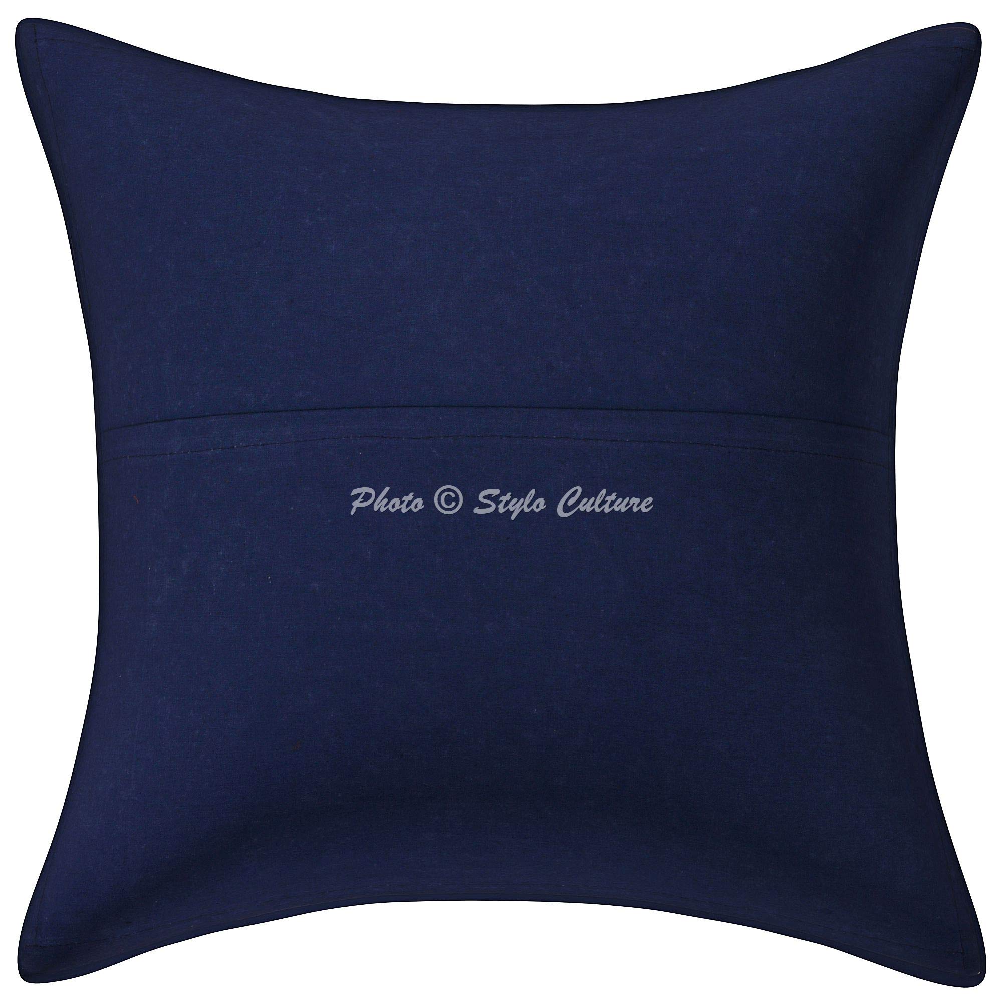 Ethnic Cotton Decorative Throw Pillow Covers 16x16 Inches - Dark Blue Beaded Sequins Patchwork Embroidered Cushion Covers for Sofa, Bed, Living Room (Set of 2) | Bohemian Home Decor, Perfect for Cozy Nights and Stylish Interior Design