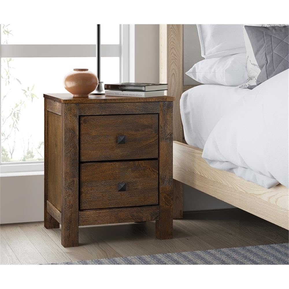 Finch Stratford Farmhouse Wooden Nightstand with 2 Drawers - Rustic Brown Bedside End Table with Space Saving Design | Perfect for Small Bedrooms, Guest Rooms & Apartment Living