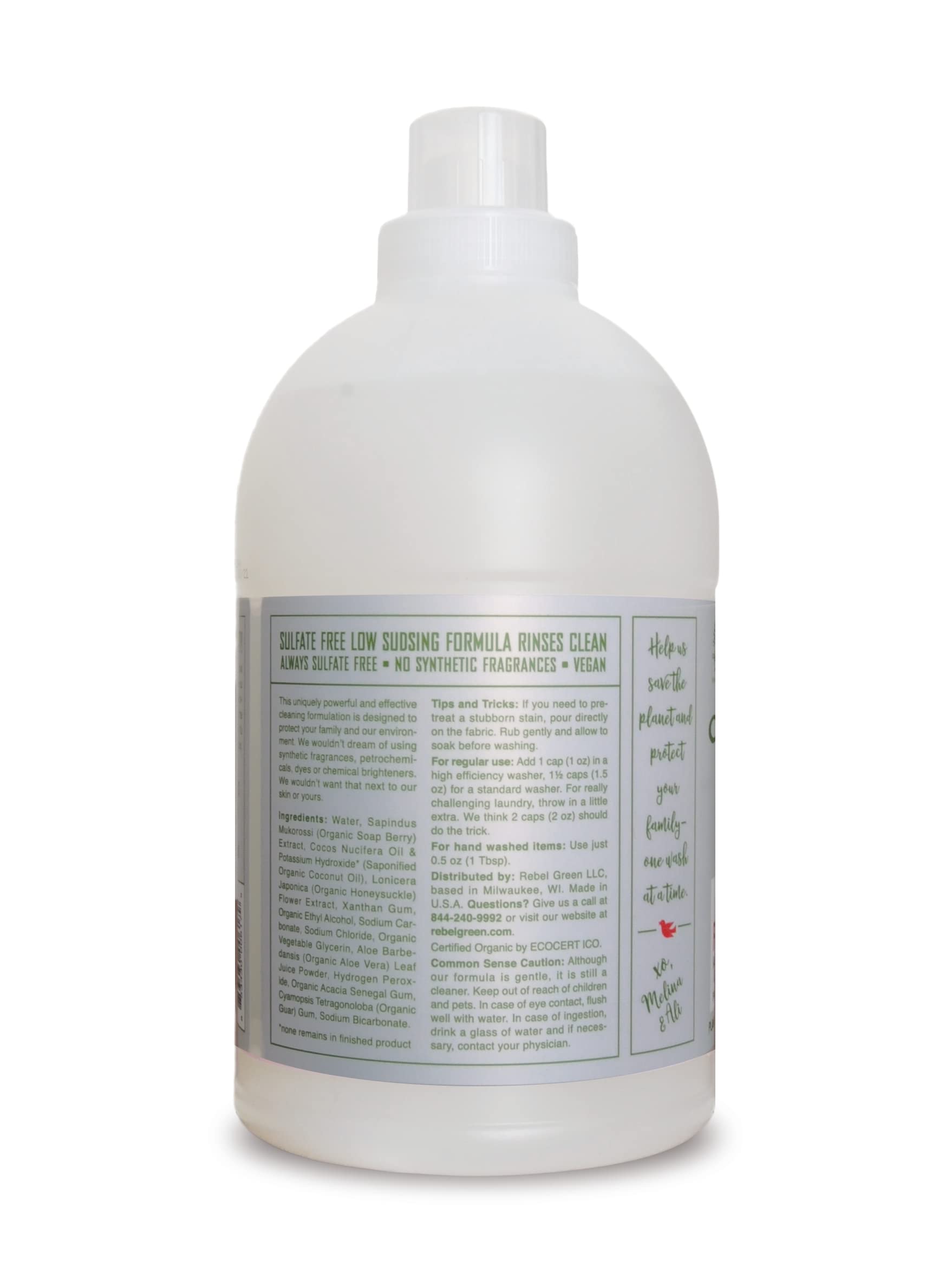 Rebel Green Organic Laundry Detergent - Natural Eco-Friendly Liquid Laundry Soap with Dispenser Cup | Hypoallergenic & Unscented for Sensitive Skin | 68 Loads per Bottle (2 Pack) | Perfect for Babies, Delicate Fabrics & Allergy Sufferers