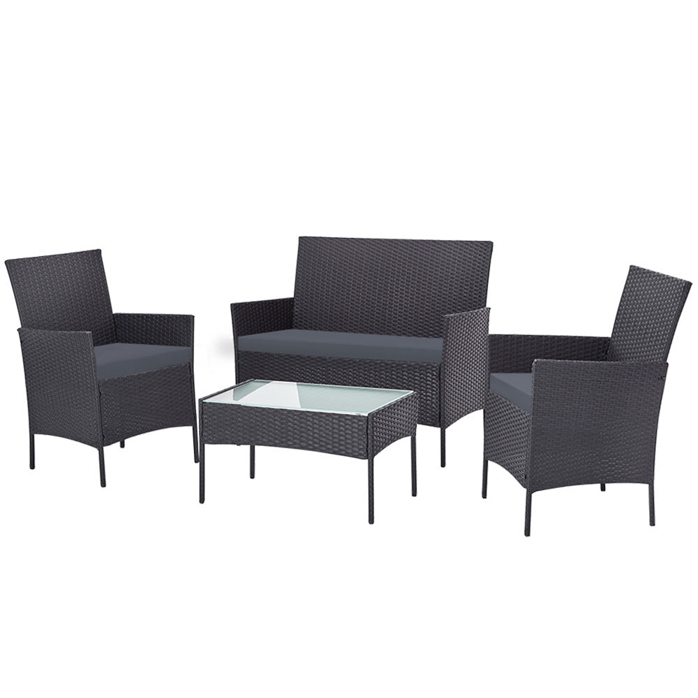 4-Seater Outdoor Patio Sofa Set with Storage Cover, Wicker Table & Chairs - Dark Grey - Perfect for Backyard, Garden, Poolside & Balcony Relaxation