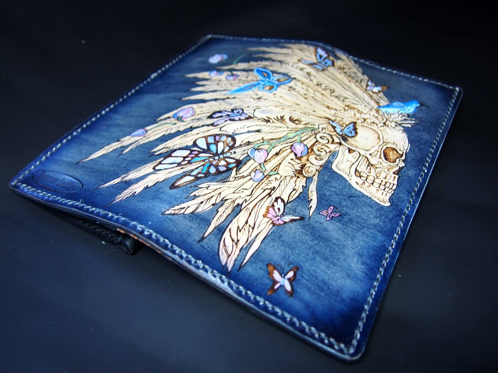 Handcrafted 3D Genuine Leather Wallet for Men - Long Biker Travel Wallet with Blue Skull Indian Hand-Carved Design | Custom Personalized Clutch Wallet for Everyday Use, Gifts & Motorcycle Riders