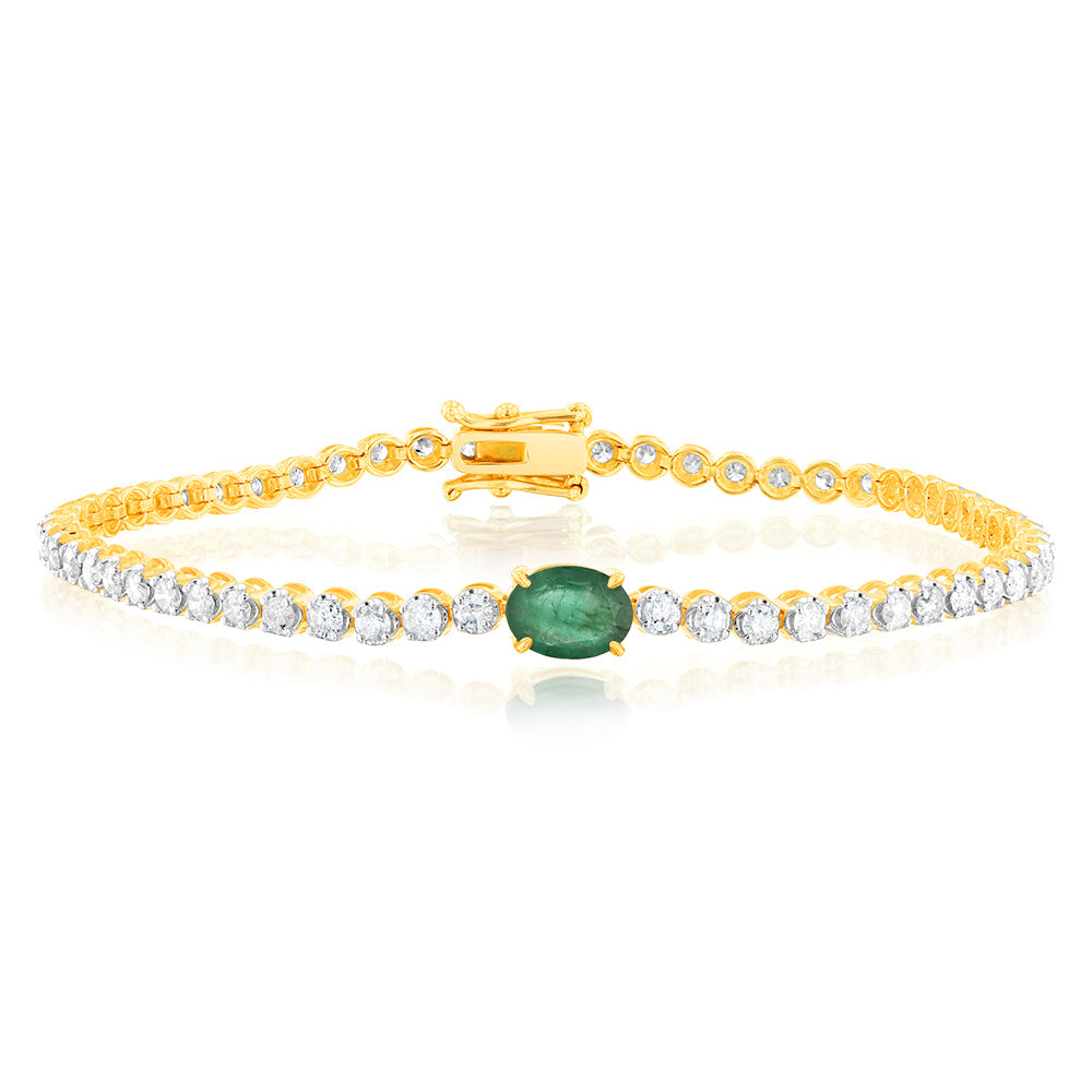 2 Carat Natural Diamond Bracelet with 0.70CT Emerald in 9K Yellow Gold - Elegant Jewelry for Weddings, Anniversaries & Special Occasions