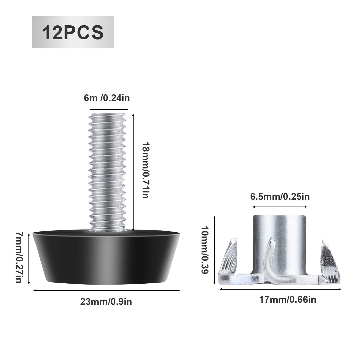 12 Sets Adjustable Furniture Leg Levelers - M6 Threaded Leveling Feet with T-Nuts for Chairs, Tables & Cabinets | Heavy Duty Anti-Slip Furniture Leveling Screws for Uneven Floors & Home Office Use
