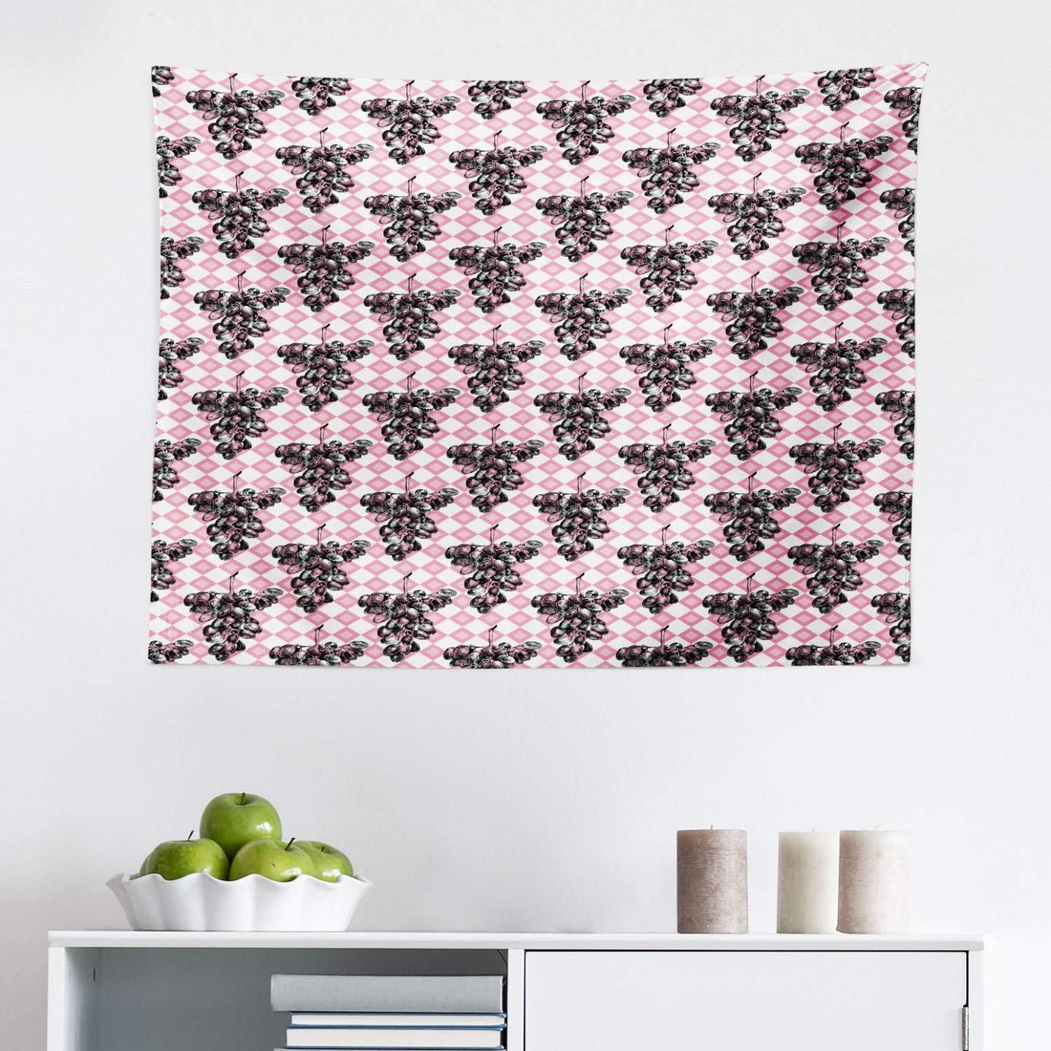Ambesonne Hand-Drawn Grapes Tapestry - Sketchy Fruit Art on Geometric Square Background - Pink & Grey Fabric Wall Hanging Decor 28