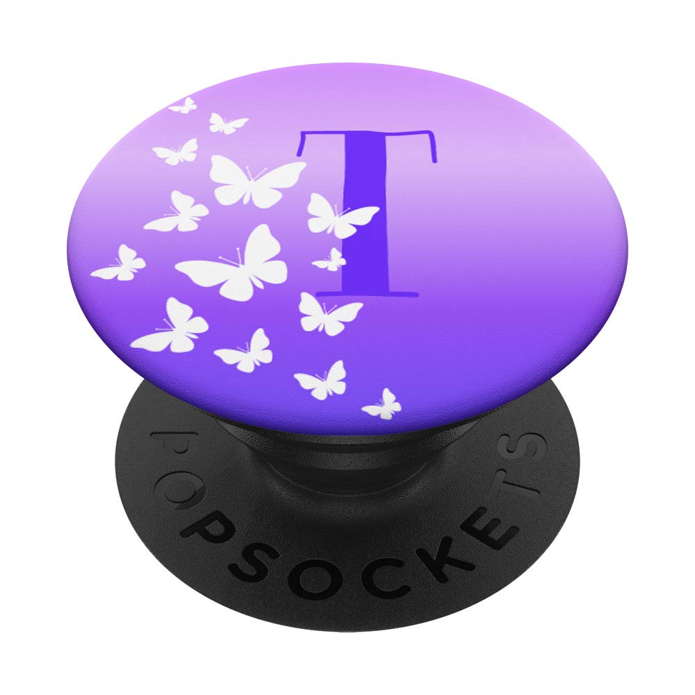 Purple Letter T PopSockets Grip & Stand with Fluttering White Butterflies Design - Perfect Phone & Tablet Accessory for Lovers, Gifts, and Everyday Use