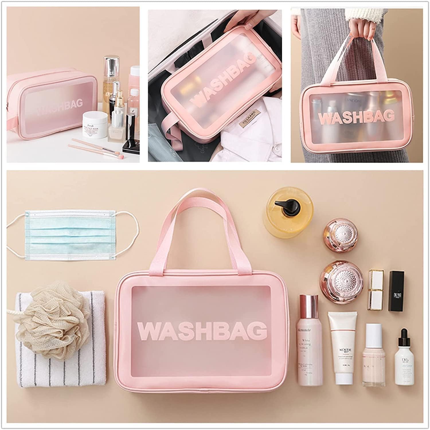 Vichip Waterproof PVC Travel Makeup Pouch Set - 3 Pack Cosmetic Organizer Bags with Zipper, Portable Toiletry Bag for Women & Girls (Pink) - Perfect for Travel, Gym, Daily Use & Cosmetics Storage