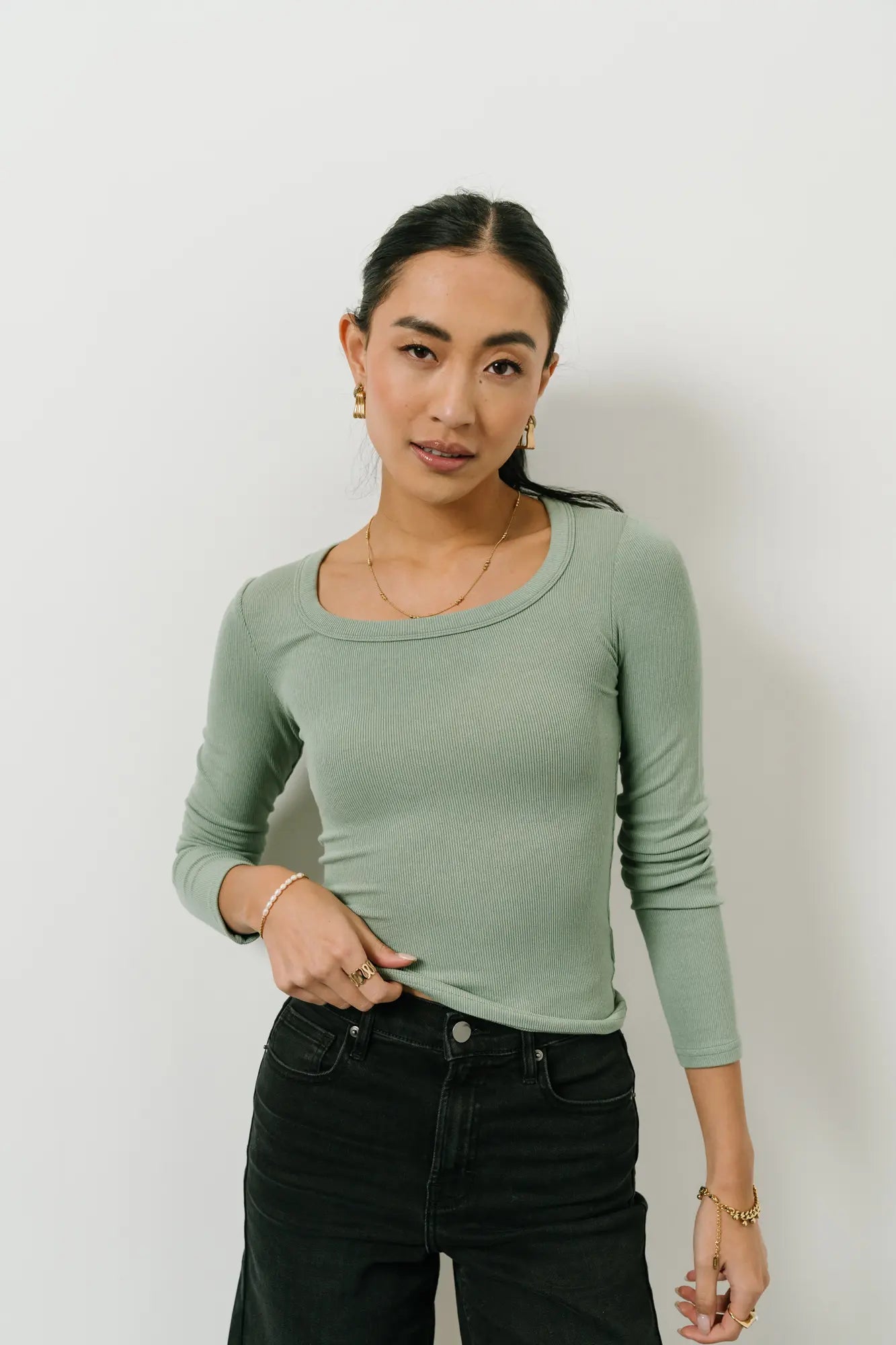 Audrey Ribbed Top in Green - Women's Stretch Knit Casual Shirt | Perfect for Everyday Wear, Layering & Office Outfits
