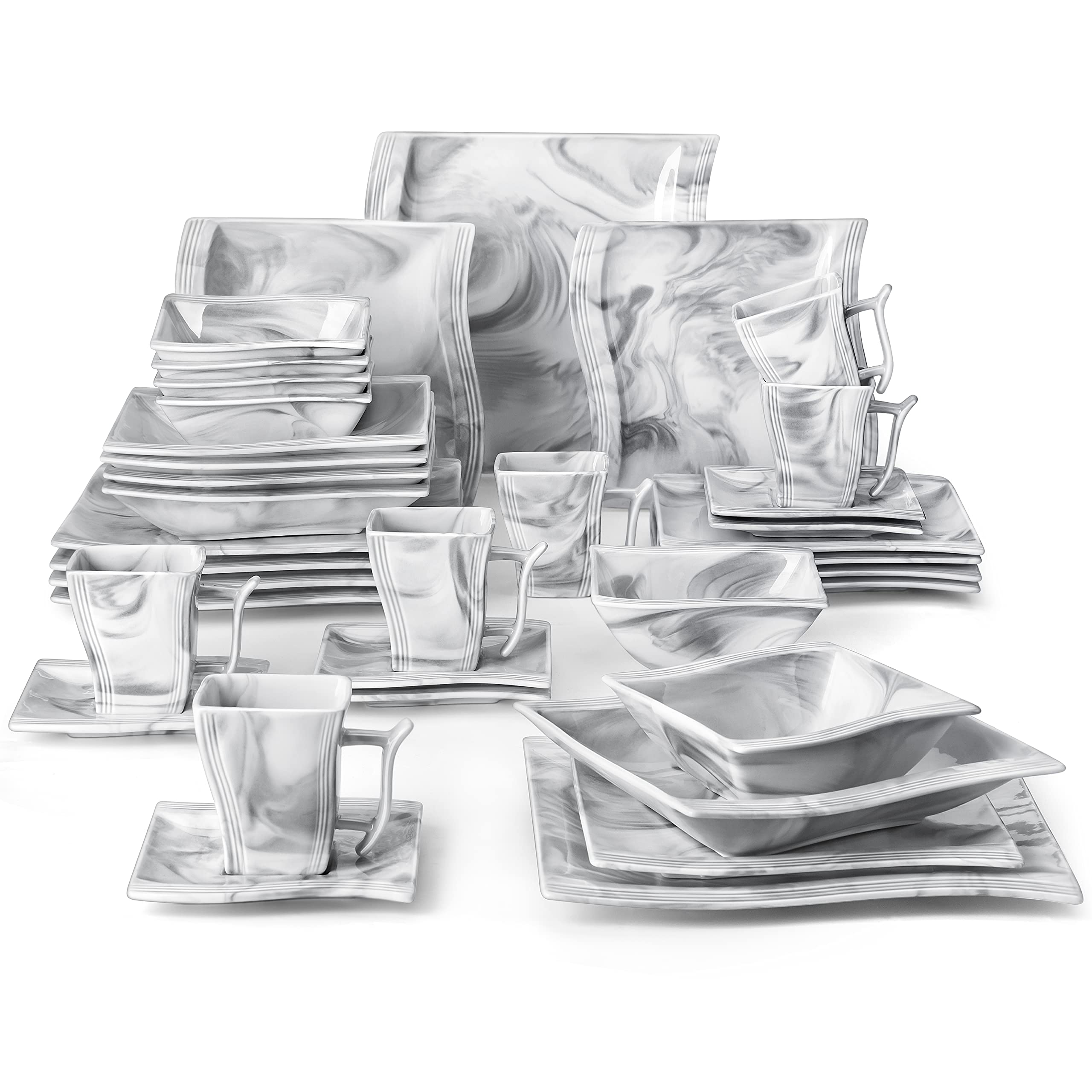 36-Piece MALACASA Square Dinnerware Set for 6 - Marble Grey Porcelain Plates, Bowls, Cups & Saucers | Microwave Safe | Flora Series | Elegant Table Setting for Dinner Parties, Restaurants & Home Decor