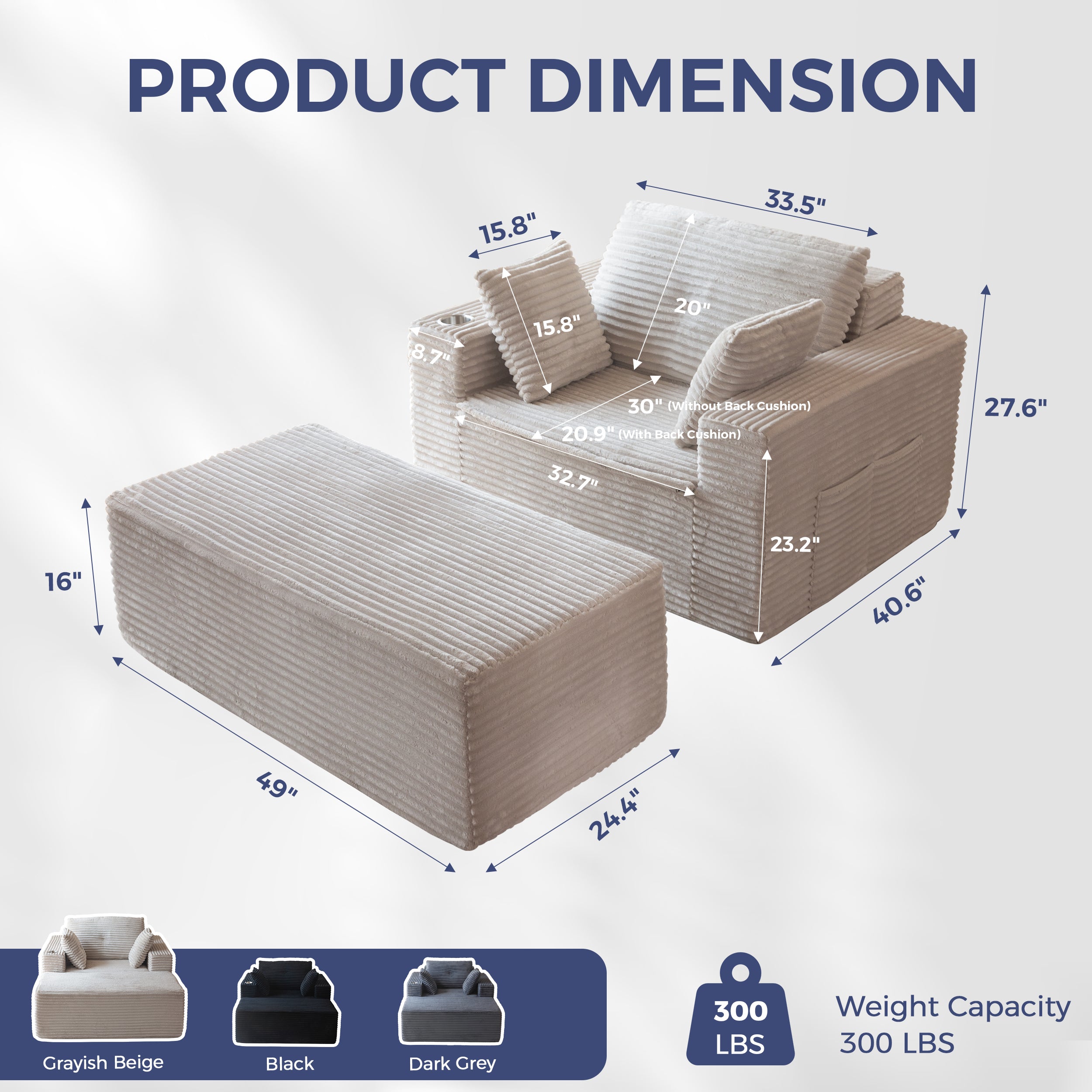 MAXYOYO Oversized Chaise Lounge Sofa - Modern Upholstered Living Room Chair with 3 Pillows & Ottoman, Comfortable Boneless Sofa Couch for Bedroom, Apartment or Dorm - Deep Seat Sleeper Chair (Grey, No Assembly Required) - Perfect for Relaxing, Reading & Lounging