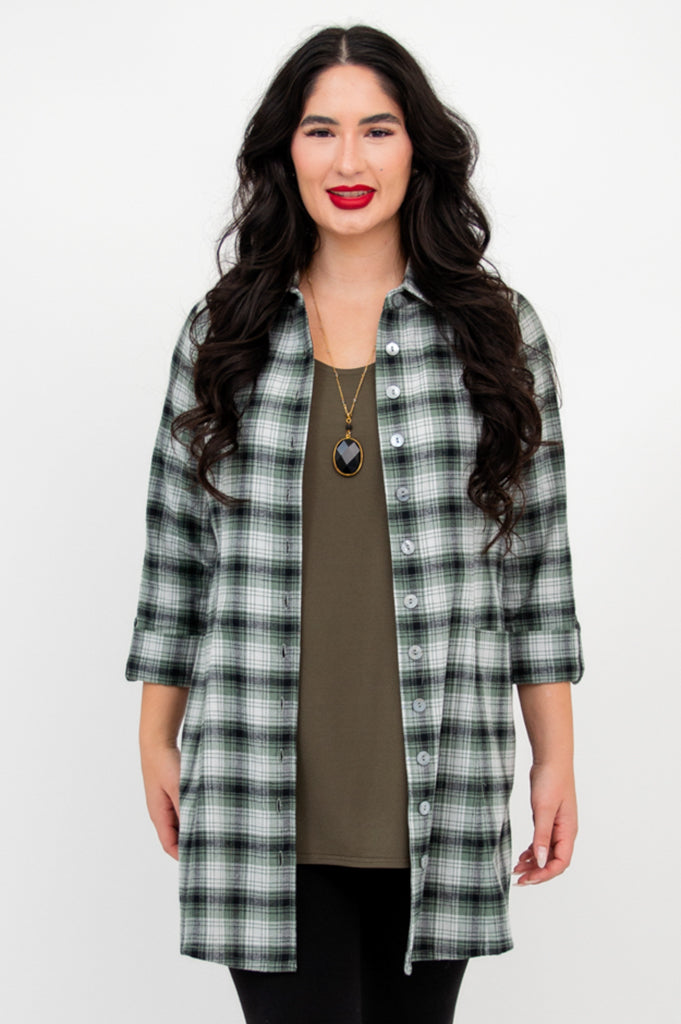 Larissa Women's Cotton Tunic Top - Mint Plaid Print - Casual Loose Fit Blouse for Work, Travel & Everyday Wear
