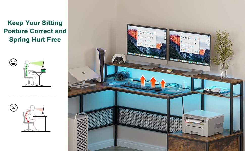 Ergonomic L-Shaped Computer Desk & Mesh Chair Set with Drawers - Home Office Furniture Combo in Brown & Black for Small Spaces, Gaming & Remote Work