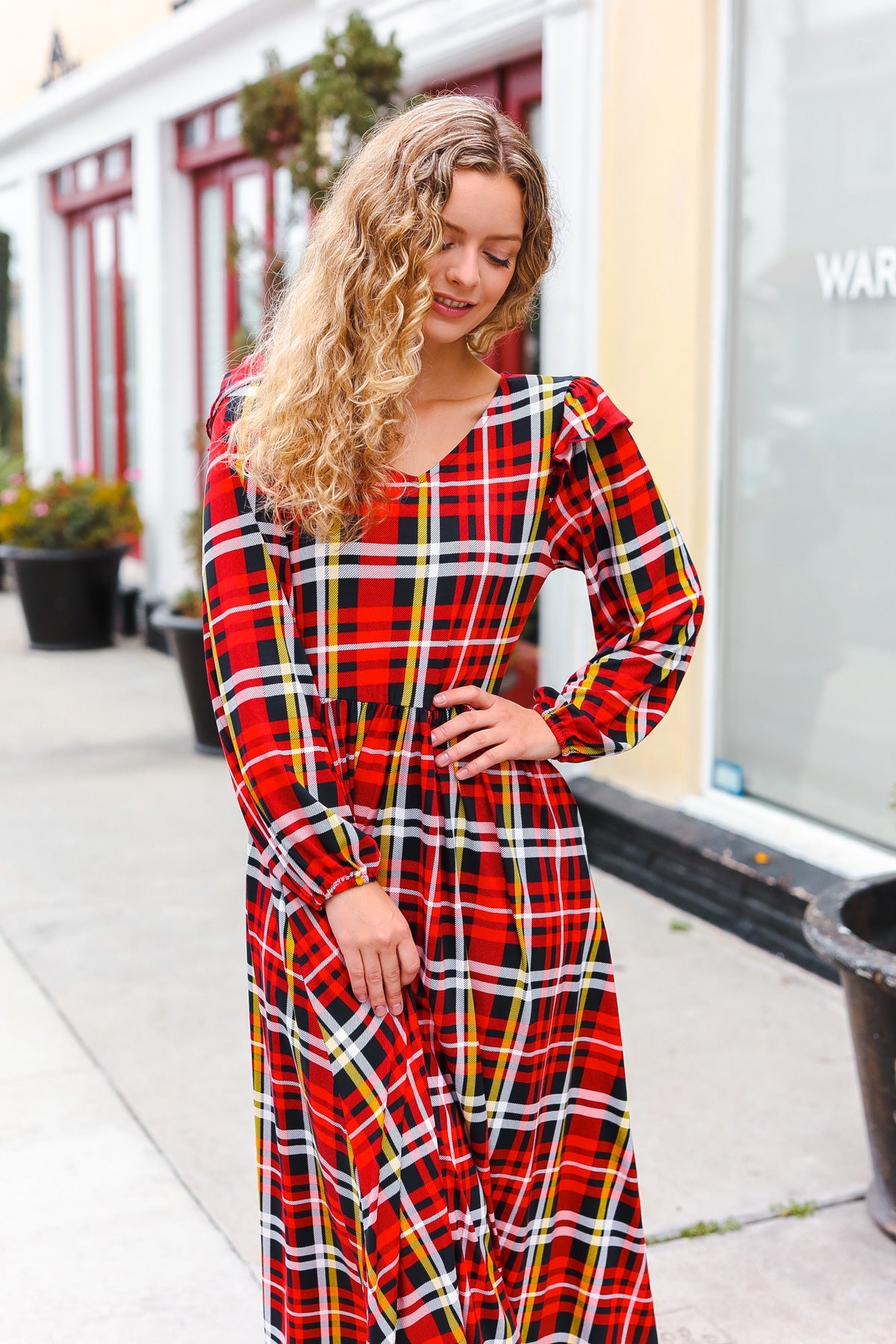 Stylish Red Plaid Fit & Flare Midi Dress with Ruffle Details - Perfect for Holiday Parties, Date Nights & Office Wear