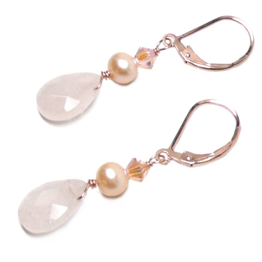 Rose Quartz Briolette Rose Gold-Filled Lever Back Earrings with Crystal & Cultured Freshwater Pearl - Elegant Dangle Earrings for Women, Perfect for Weddings, Date Nights & Special Occasions