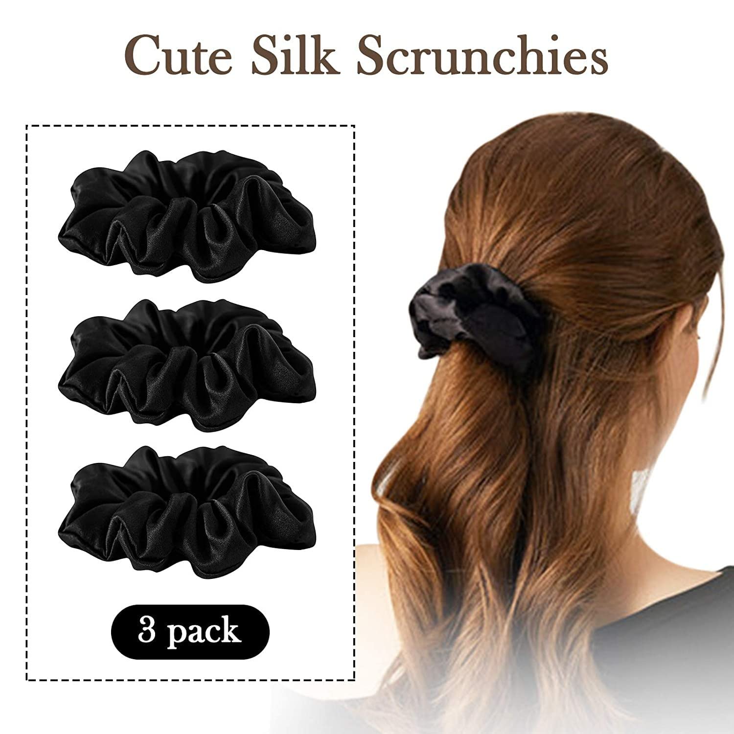 FAMEZA 100% Mulberry Silk Scrunchies for Women - 3 Pack 19 Momme Natural Silk Hair Ties & Elastic Hair Bands | Gentle on Hair, Perfect for Sleeping, Workouts, and Everyday Styling