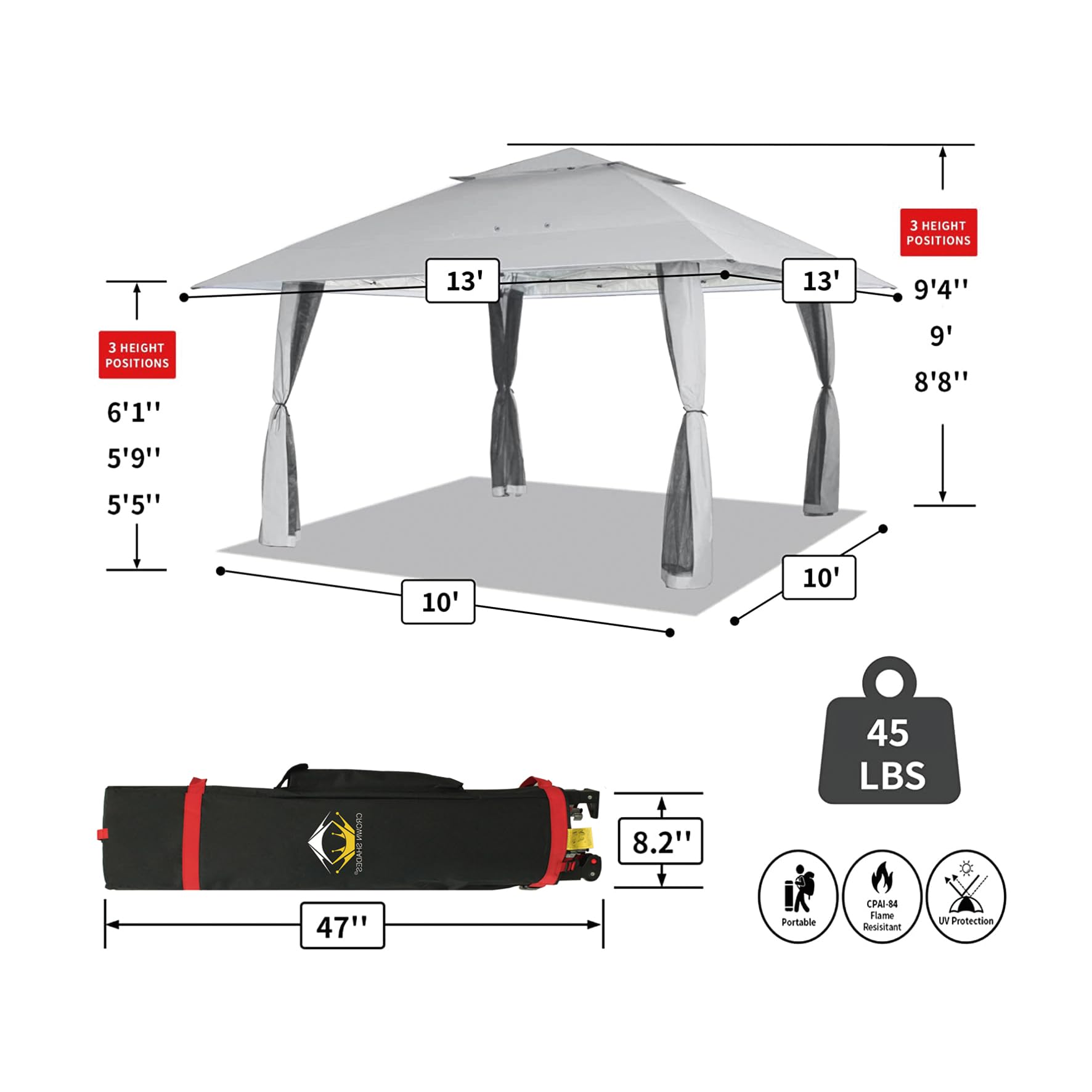 CROWN SHADES 13x13 Pop Up Gazebo Canopy Tent - Waterproof Outdoor Patio Shade Shelter with Wheeled Carry Bag - Perfect for Backyard BBQs, Beach Parties, Camping & Outdoor Events (Grey)