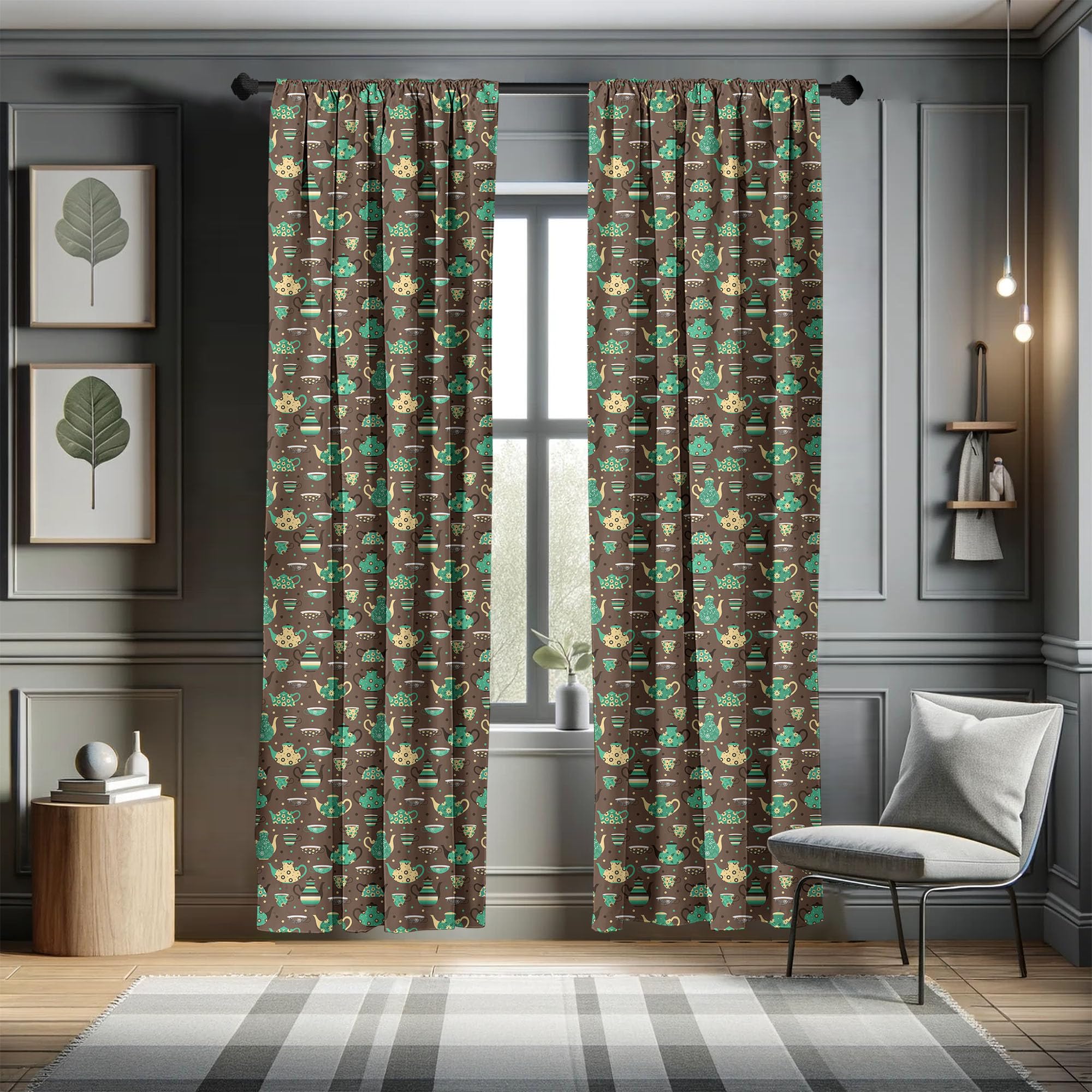 Ambesonne Floral Tea Party Curtains - 2 Panel Set with Cups & Pots Design on Dotted Brown Background, 28