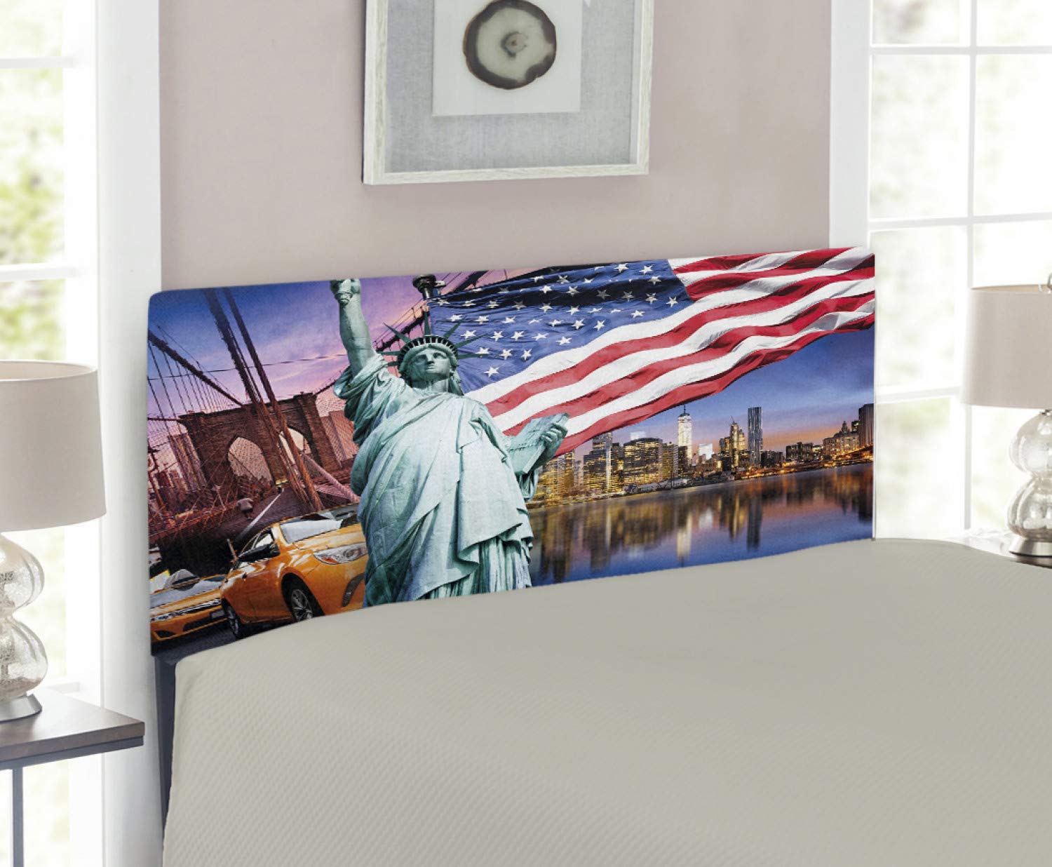 Ambesonne USA Themed Headboard - Twin Size Upholstered Metal Bed Headboard with Memory Foam | Liberty NYC Cityscape Flag Cars Design | Decorative Bedroom Furniture for Small Spaces & Guest Rooms