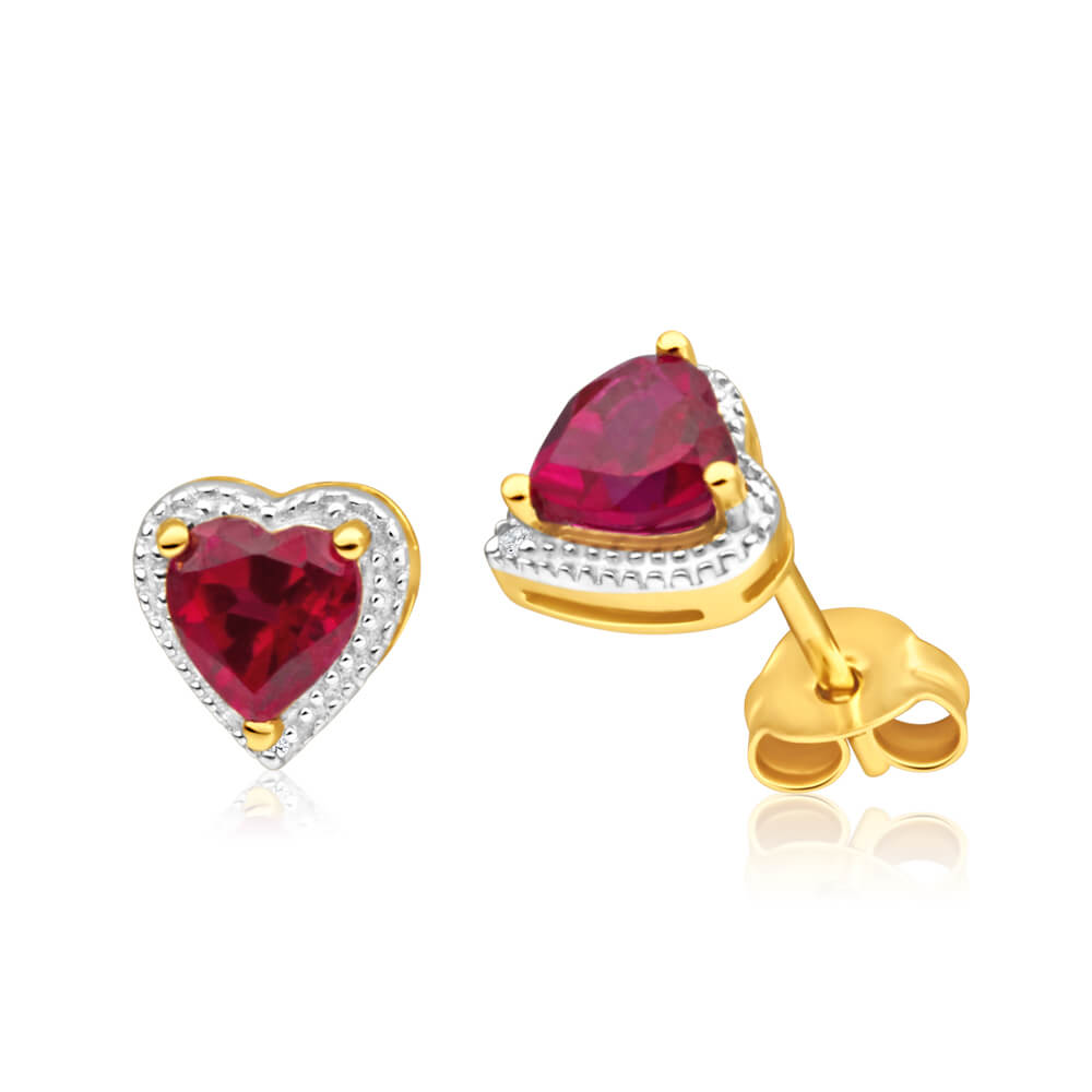 9ct Radiant Yellow Gold Created Ruby & Diamond Stud Earrings for Women | Elegant Gift for Anniversary, Birthday & Special Occasions | Perfect for Evening Parties, Weddings & Date Nights