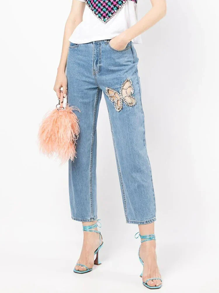 Women's Notched Collar Denim Jacket with Diamond Tassel & High Waist Butterfly Cutout Design - Trendy Summer Short Coat for Casual Outfits, Date Nights & Streetwear Fashion