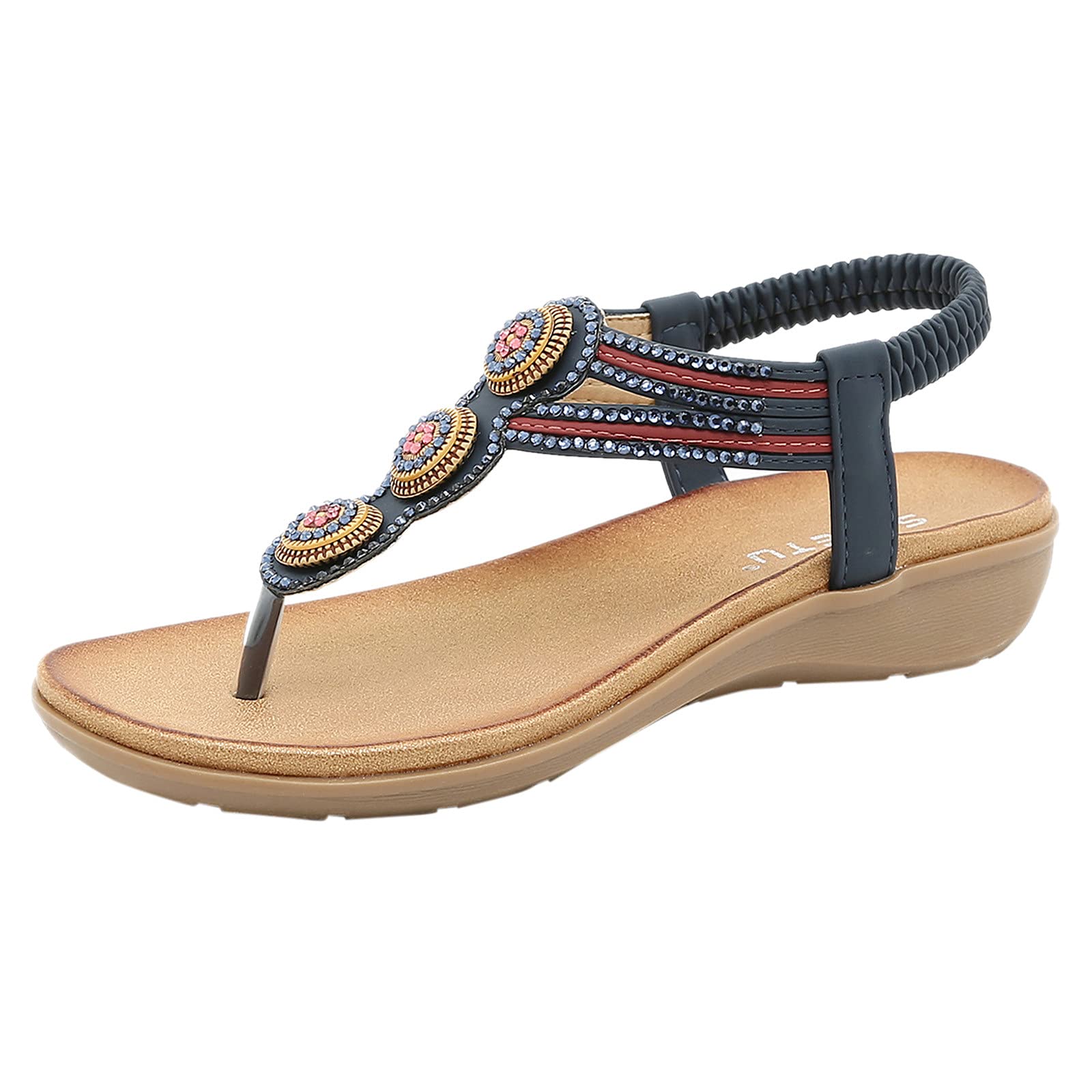 **Women's Size 11W Strap Sandals with Elastic Wedge Heel - Roman Crystal Bohemian Style Soft Comfortable Summer Shoes for Beach, Wedding & Casual Outfits**
