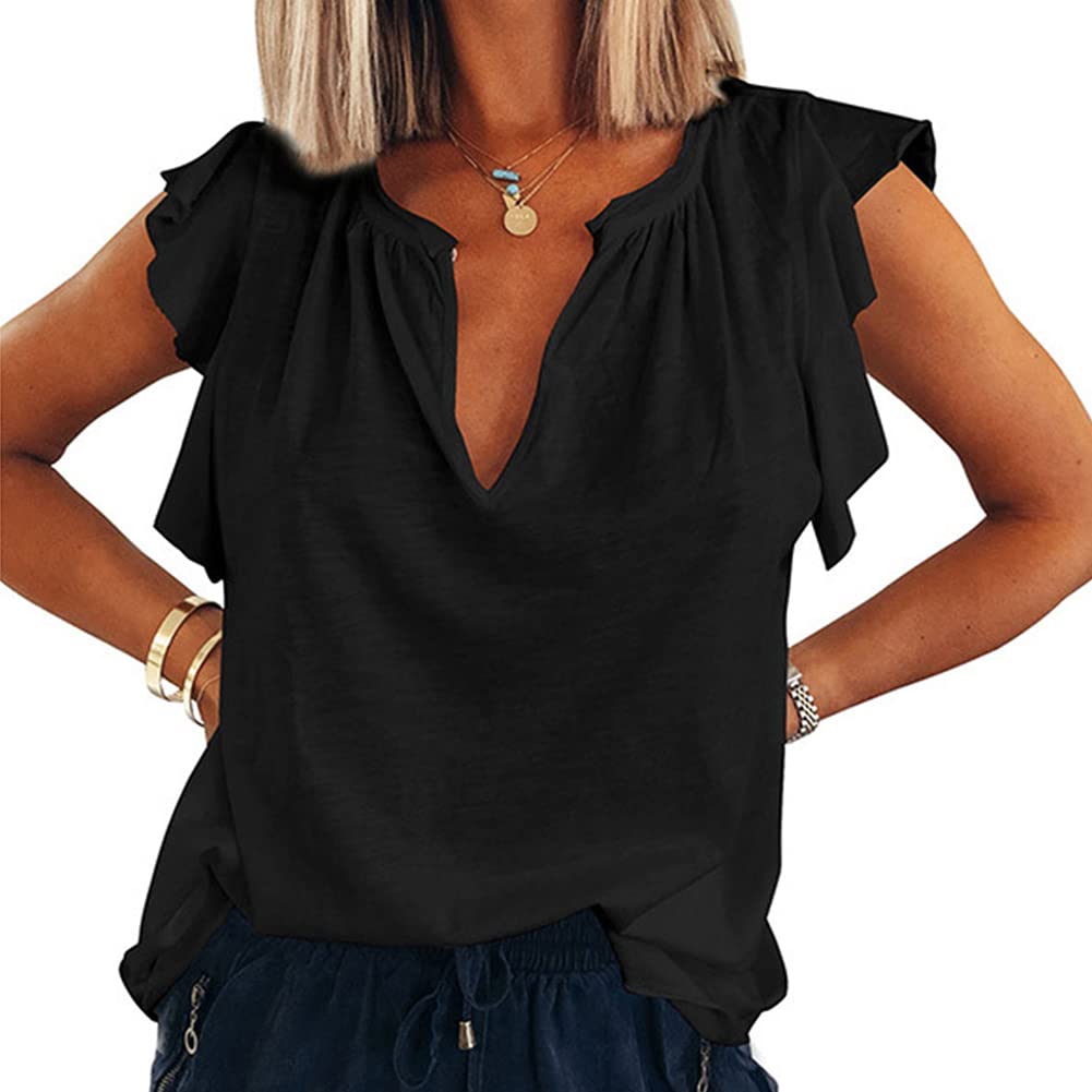 BONTIME Women's Summer V-Neck Short Sleeve Blouse - Flowy Loose Casual Top for Women, Petal Sleeve Basic Tee Shirt for Beach, Vacation & Everyday Wear