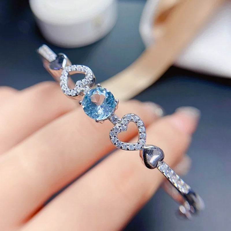 Swiss Blue Topaz Heart Bangle Bracelet for Women - 925 Sterling Silver Adjustable Charm Bracelet | Elegant Jewelry Gift for Valentine's Day, Anniversary & Special Occasions