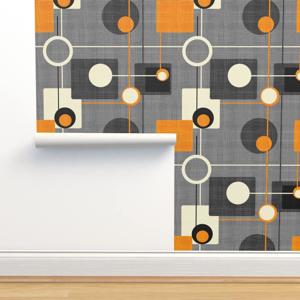 Commercial Grade Wallpaper Swatch - Vintage Geometric Orbs & Squares Pattern in Orange, Gray, Black | Midcentury Modern Traditional Wallpaper by Spoonflower | Perfect for Living Room, Bedroom & Office Decor